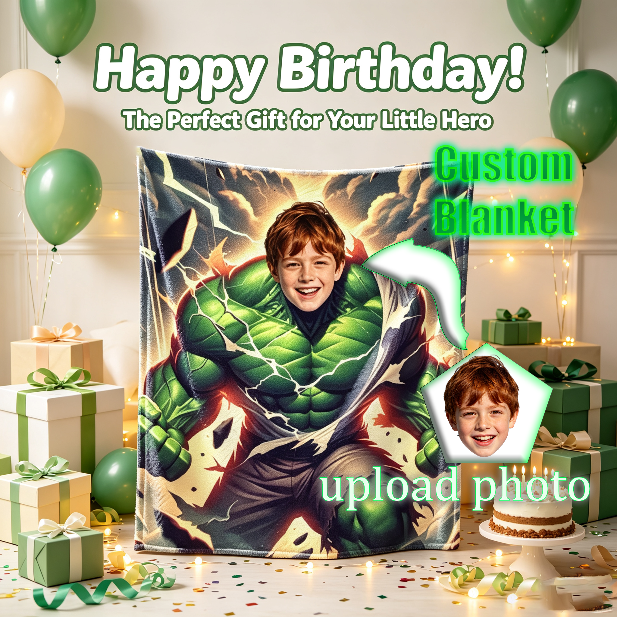 Custom Incredible Hulk Personalized Photo Flannel Blanket, Upload Kid Face Superhero 280GSM Throw Blanket, Unique Birthday Gift for Boys