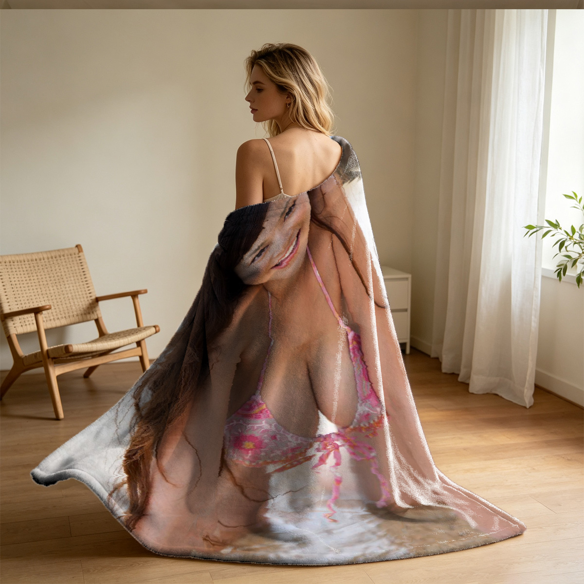 Barefoot Woman Relaxing on Pillow by Window - Blanket