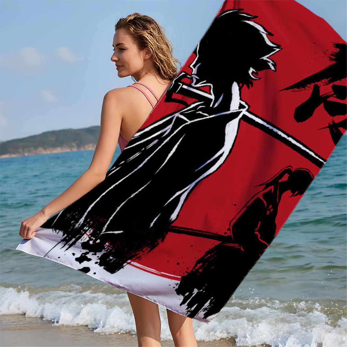 Samurai Silhouettes with Katana Against Red Moon Background - Beach towels