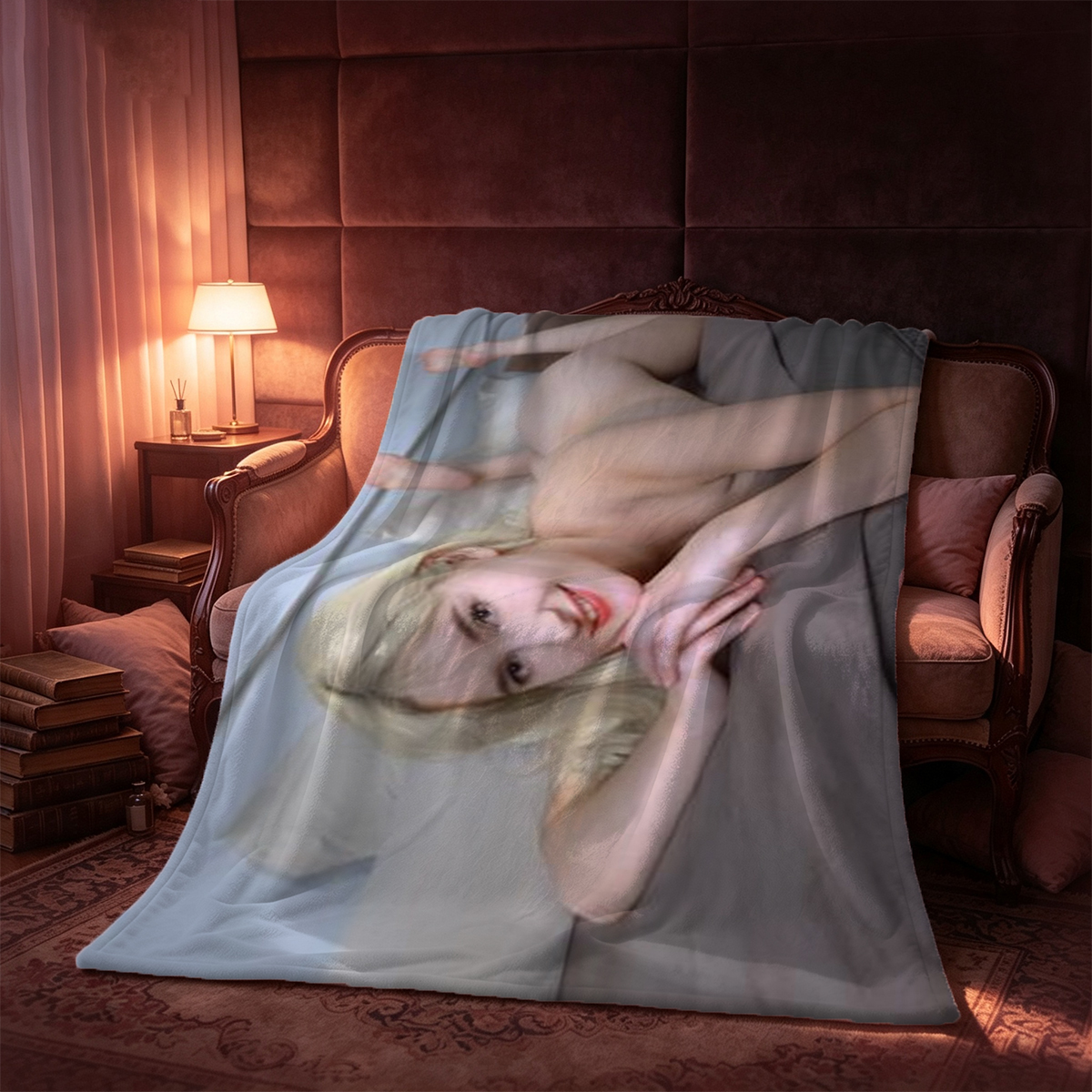 Pink-haired nude woman holding watermelon slice in kitchen - Blanket