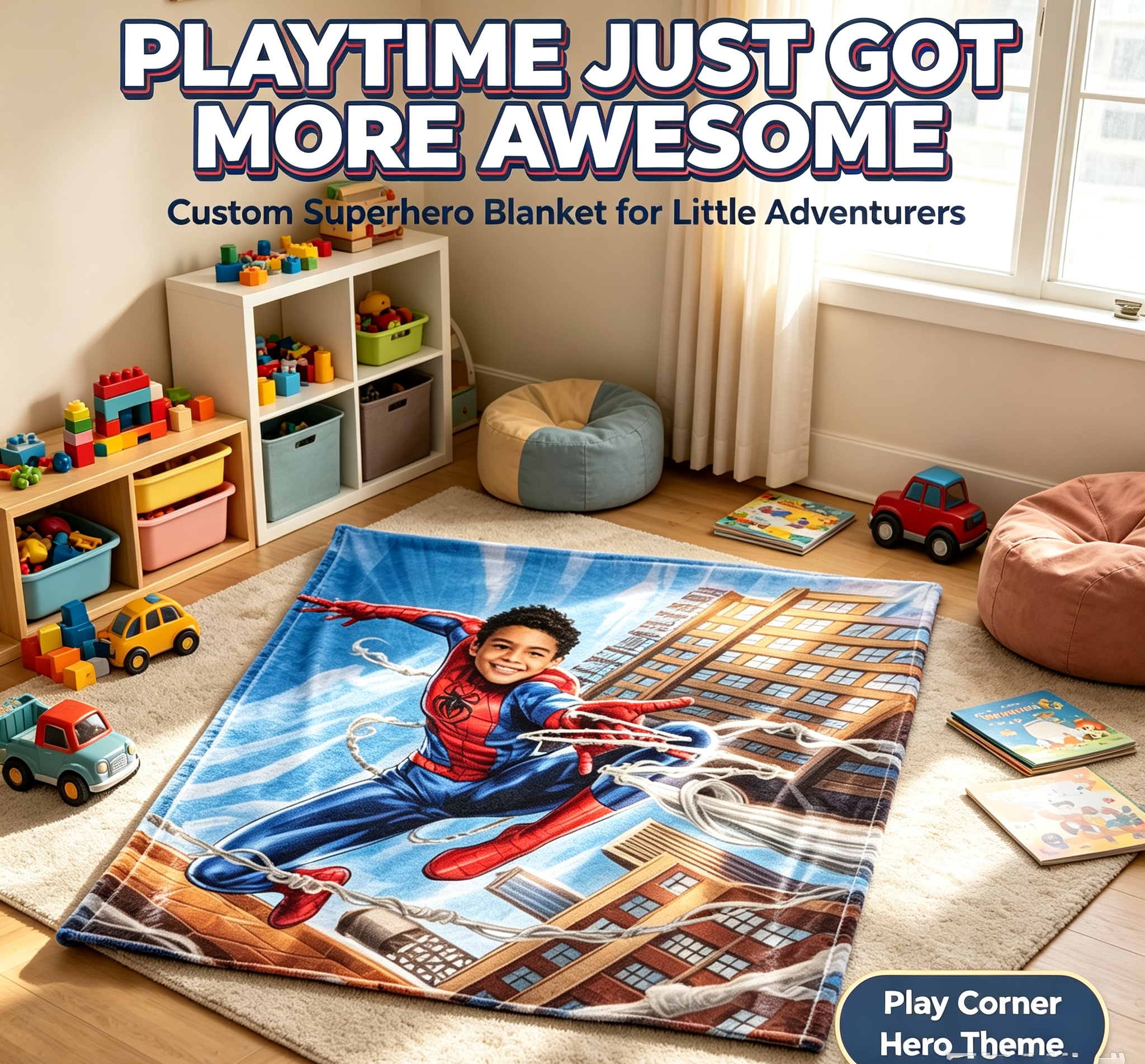 Custom Photo Spider‑Man Blanket for Kids, Personalized Superhero Throw Blanket, Soft Warm Flannel Blanket, Customized Hero Themed Gift for Boys Birthday Christmas
