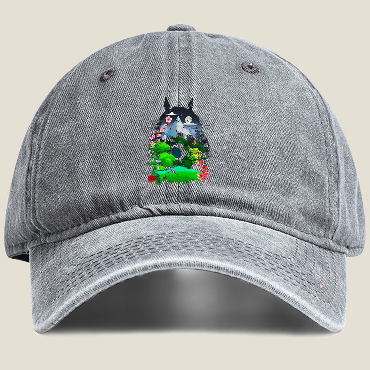Totoro in the Cherry Blossom Garden - Washed Denim - Baseball Cap