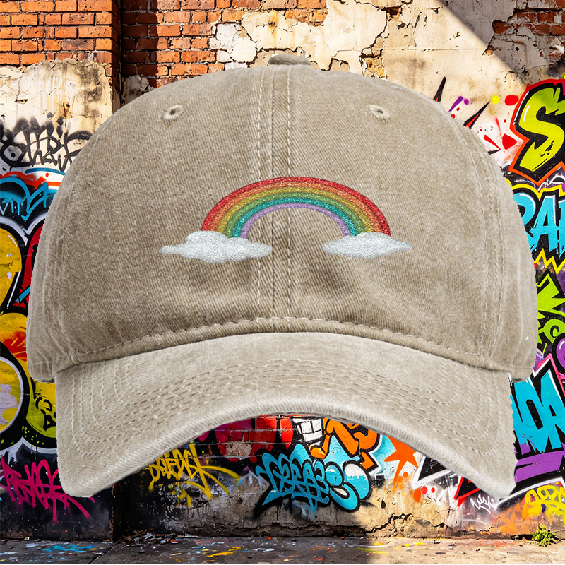 Unisex Classic Washed Cap with Glitter Rainbow and Cloud Print - Perfect for Casual Outings, Festivals, and Everyday Wear - Ideal for Youth and Adults Seeking Fun, Trendy Headwear