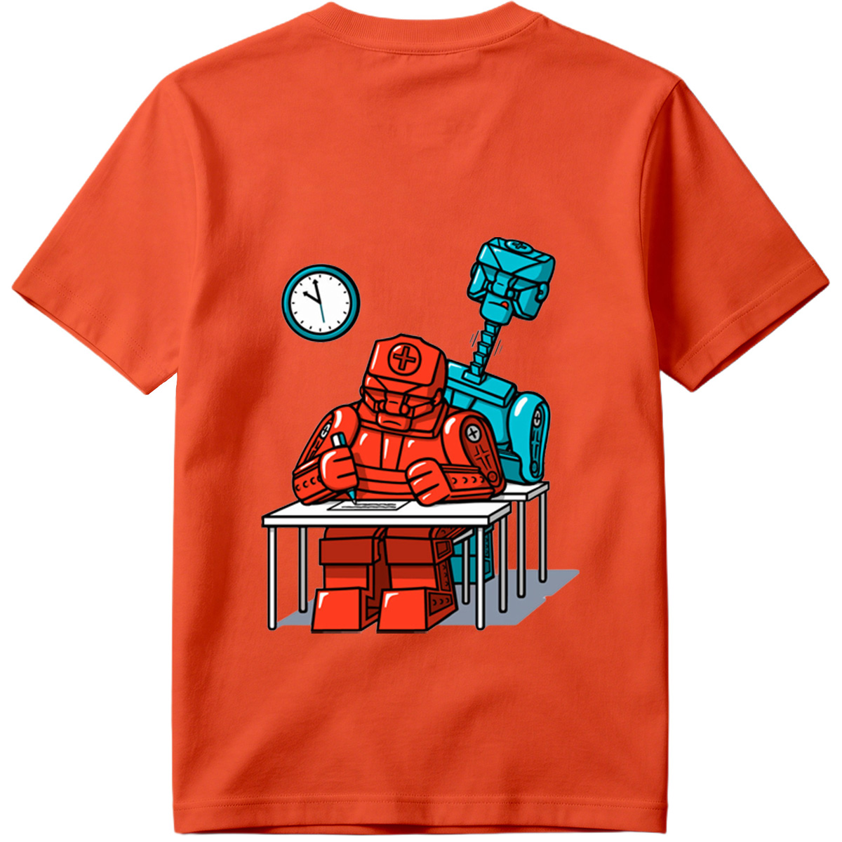 Red Robot Student at Desk with Blue Robot Friend - Tee