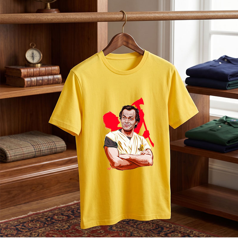 Jack Nicholson as the Joker, iconic villain from Batman, depicted in a stylized caricature with a menacing grin and chaotic red background. - Tee