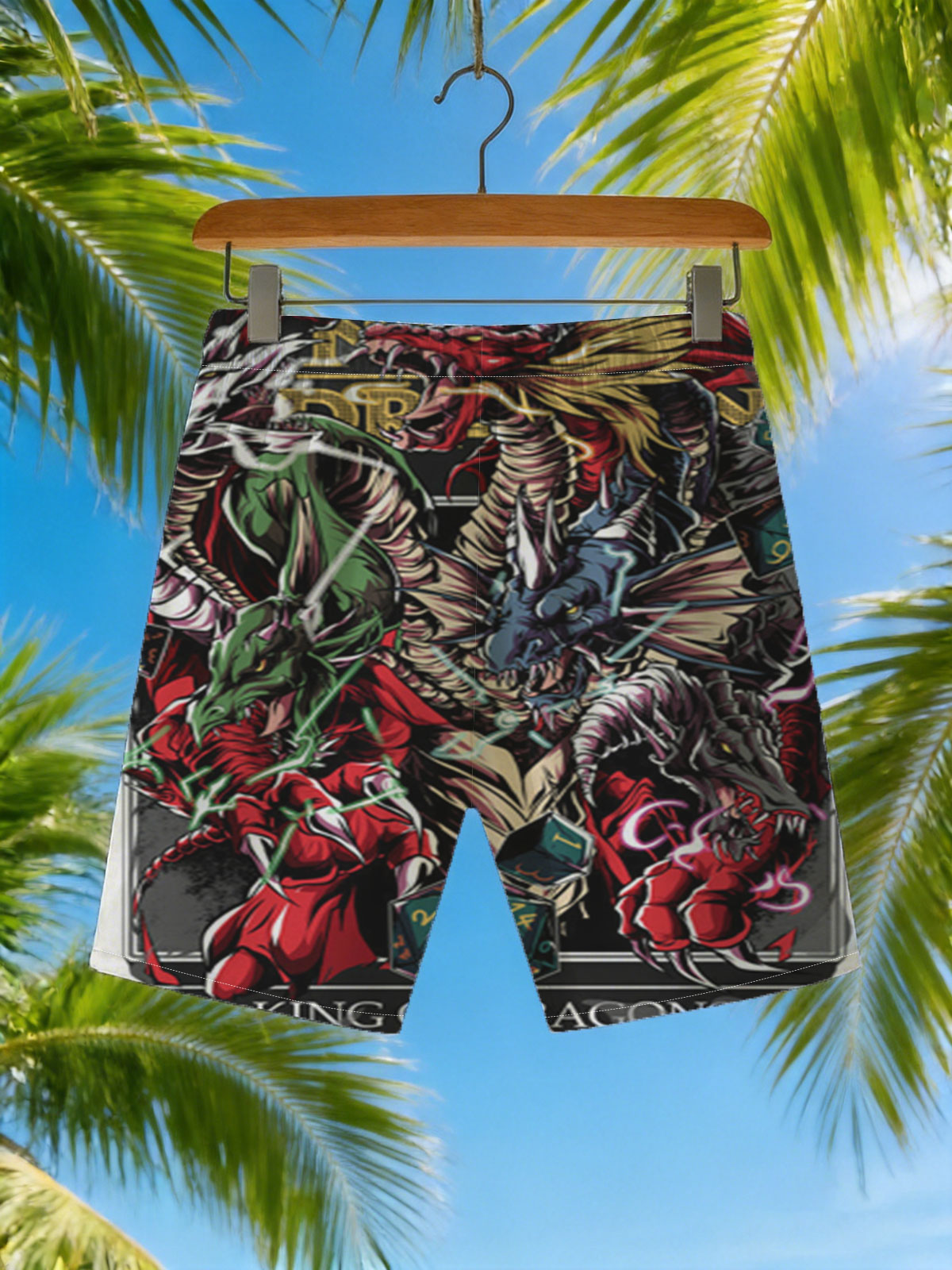 King of Dragons: Mythic Beasts and D20 Dice Fusion Art -  Beach shorts