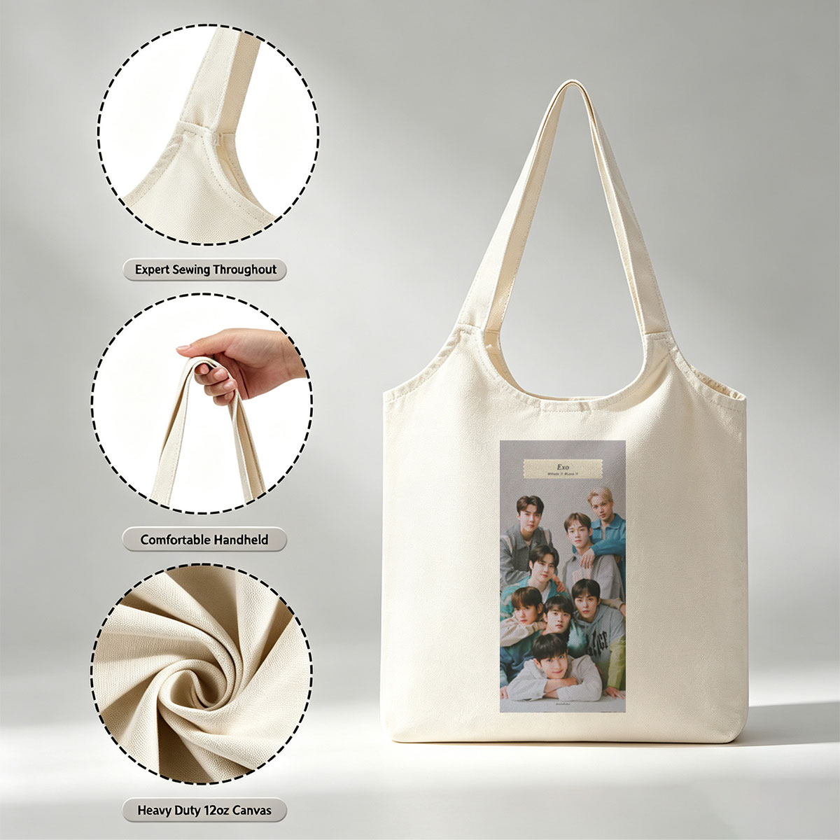 EXO Group Photo - Members Posing Together in Casual Outfits on a Neutral Background - Canvas shoulder bags/