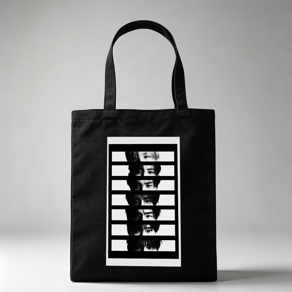 BTS Members in Black and White Striped Portrait with Fragmented Faces - Canvas tote bags