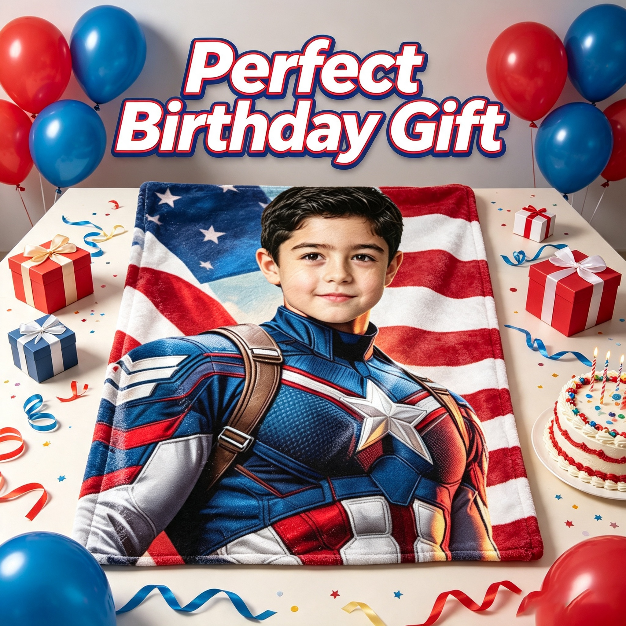 DIY Custom Photo Captain America Flannel Blanket – Personalized Hero-Themed Throw for Kids (Sofa Blanket Gift)