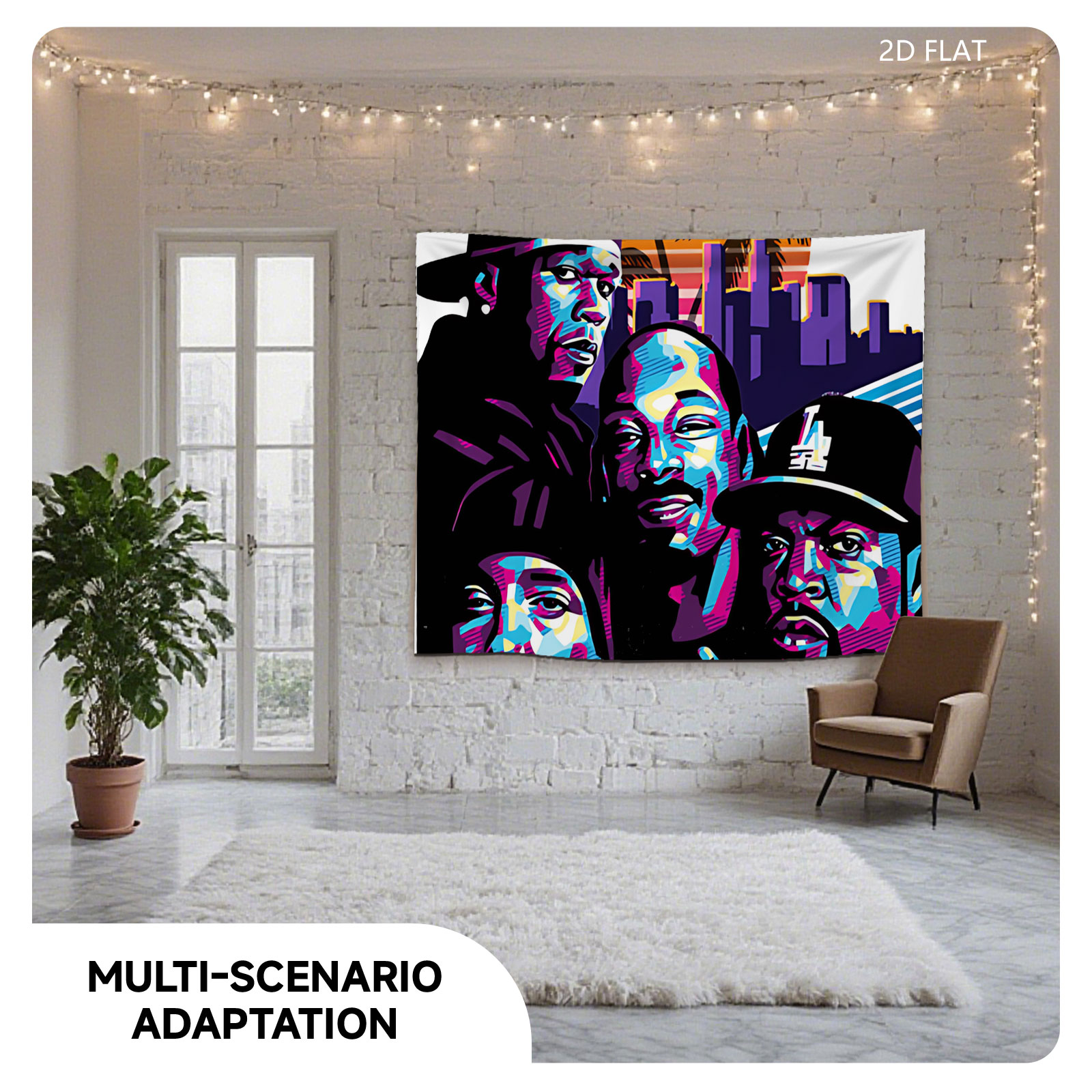 N.W.A. - Compton's Most Wanted: Ice Cube, Dr. Dre, Eazy-E, and MC Ren in Vibrant Urban Art Style - Tapestry
