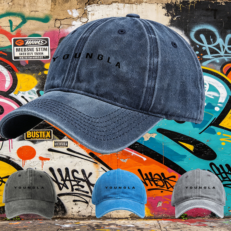 Unisex Classic Washed Cotton Hat with YOUNGLA Logo Print - Perfect for Casual Outings, Travel, and Outdoor Activities - Ideal for Urban Style Lovers and Everyday Wear