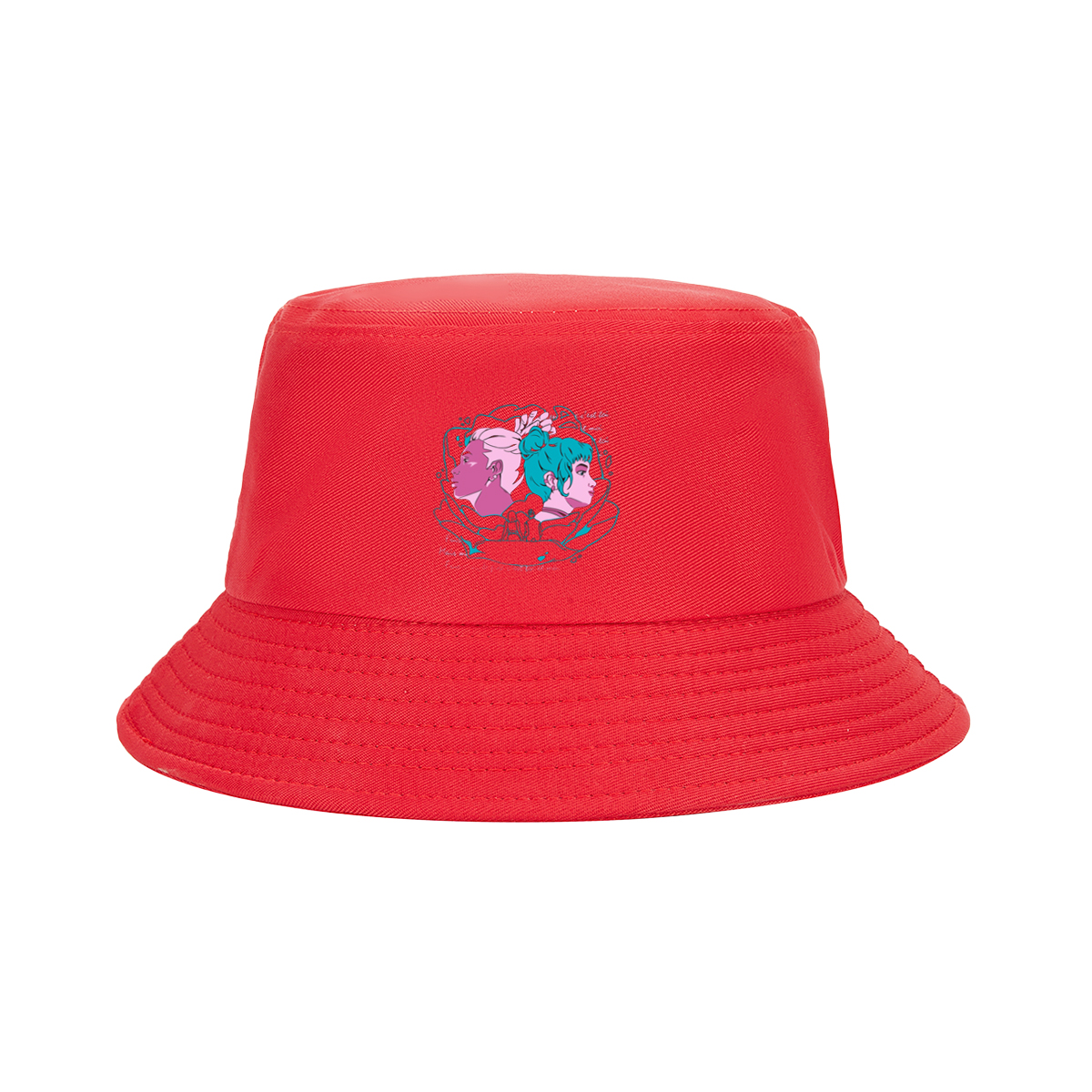 Two Women in Profile: A Stylized Artwork Featuring Pink and Teal Hair with French Text - Fisherman's Hat