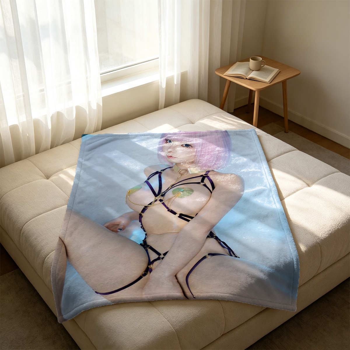 Nude Asian woman in luxury lingerie posing seductively beside classical sculpture painting. - Blanket