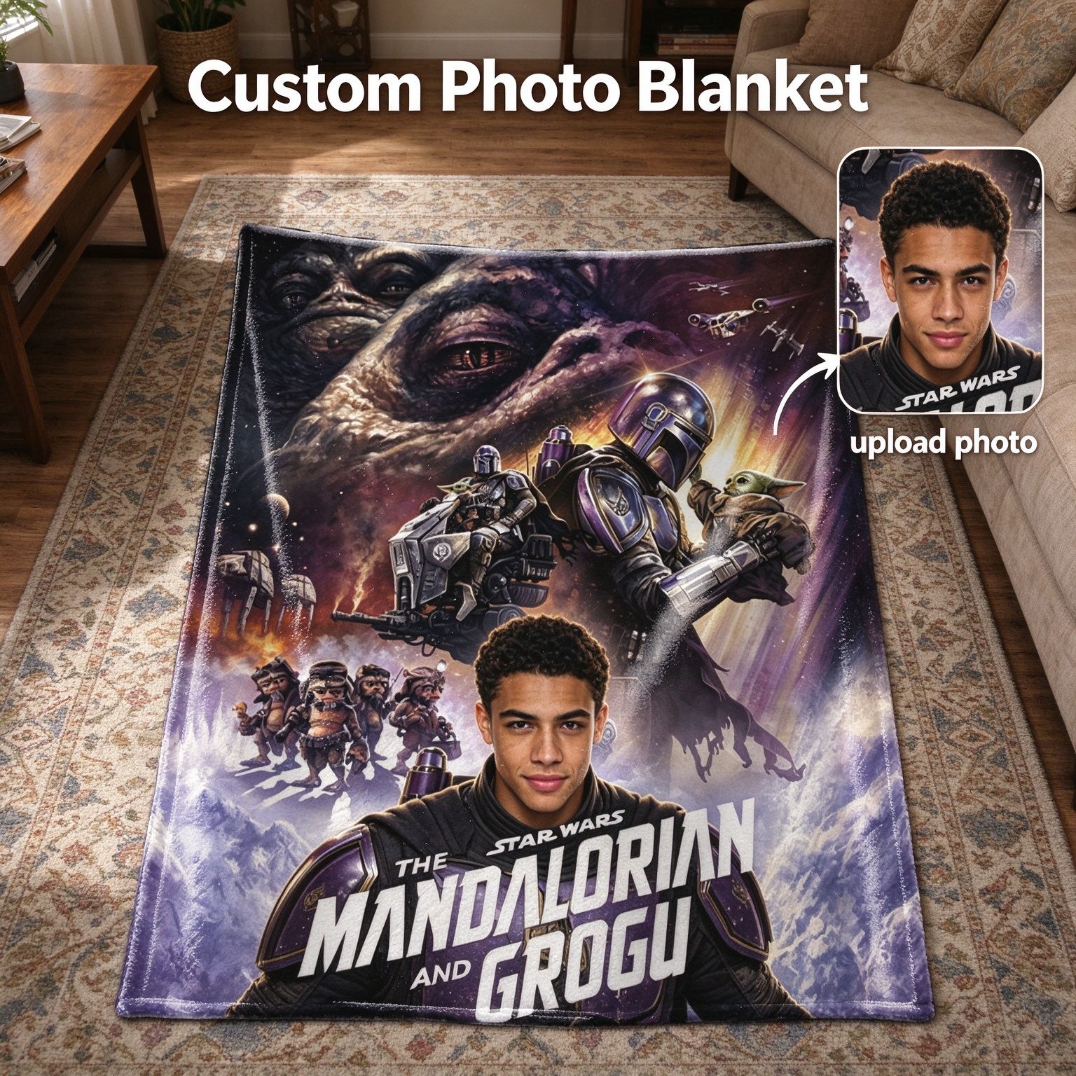 Custom Photo Face Flannel Blanket Personalized Sci-Fi Galaxy Adventure Throw Blanket Anti-Pilling Lightweight