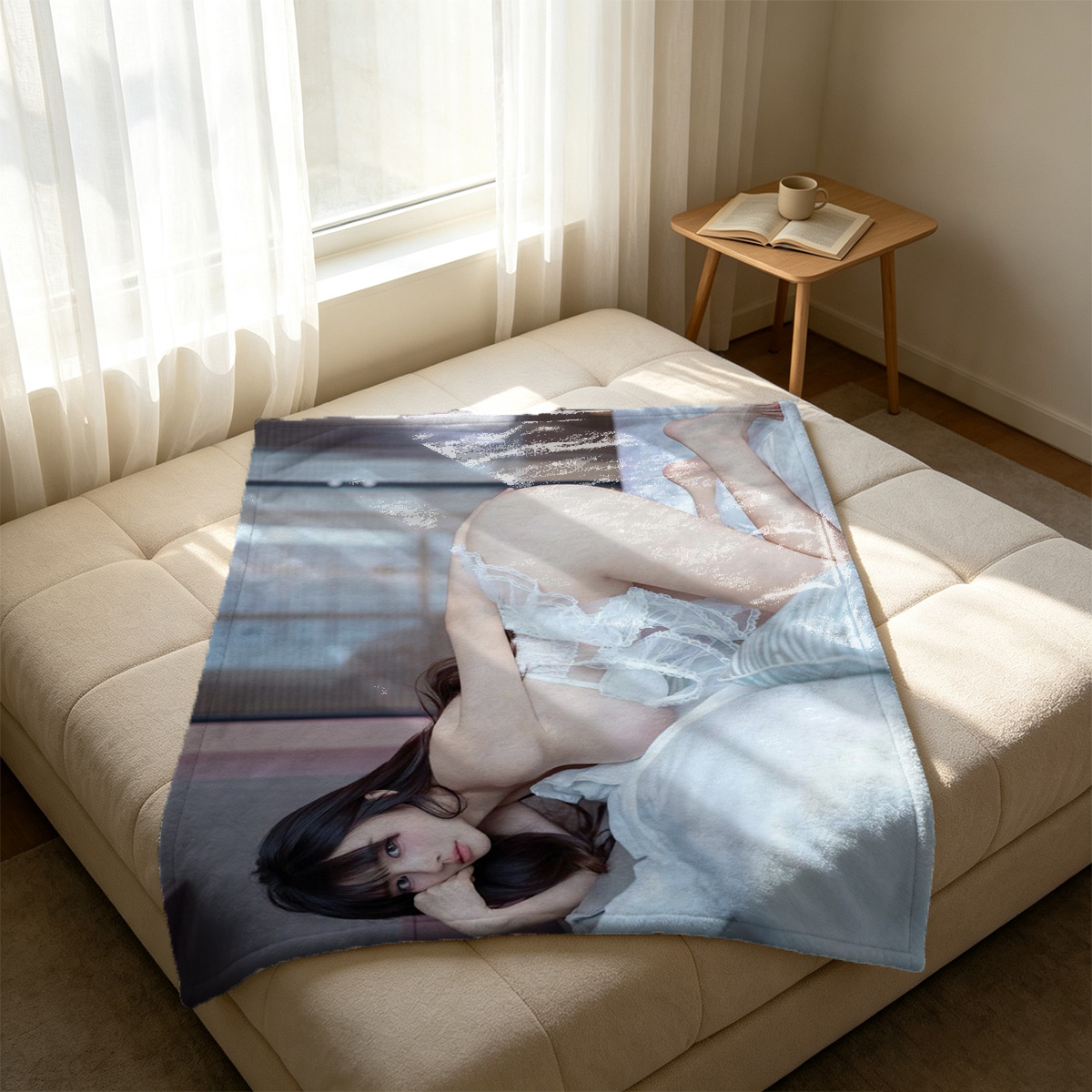 Nude Japanese woman with floral back tattoo kneeling on dresser in front of mirror. - Blanket