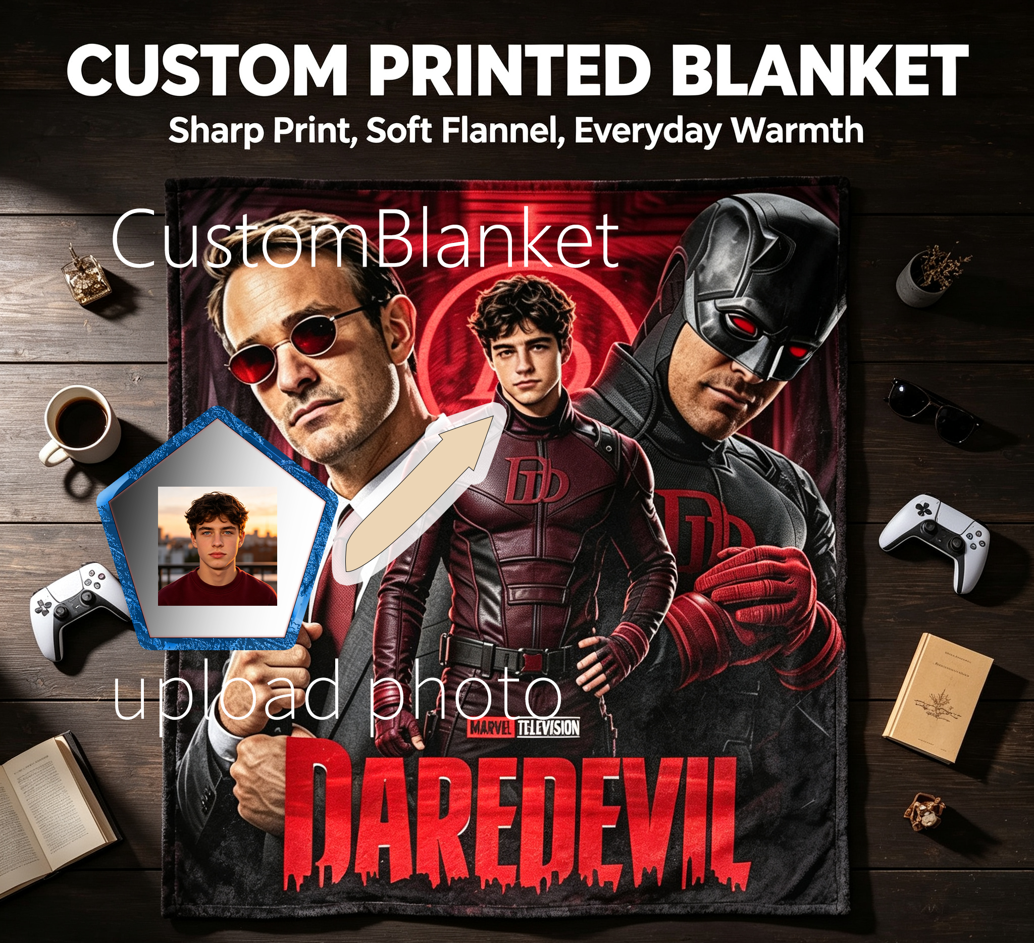 Custom Face Blanket Daredevil Born Again Flannel Blanket for Fans and Collectors – Perfect Gift or Giveaway for Marvel Television Series Enthusiasts