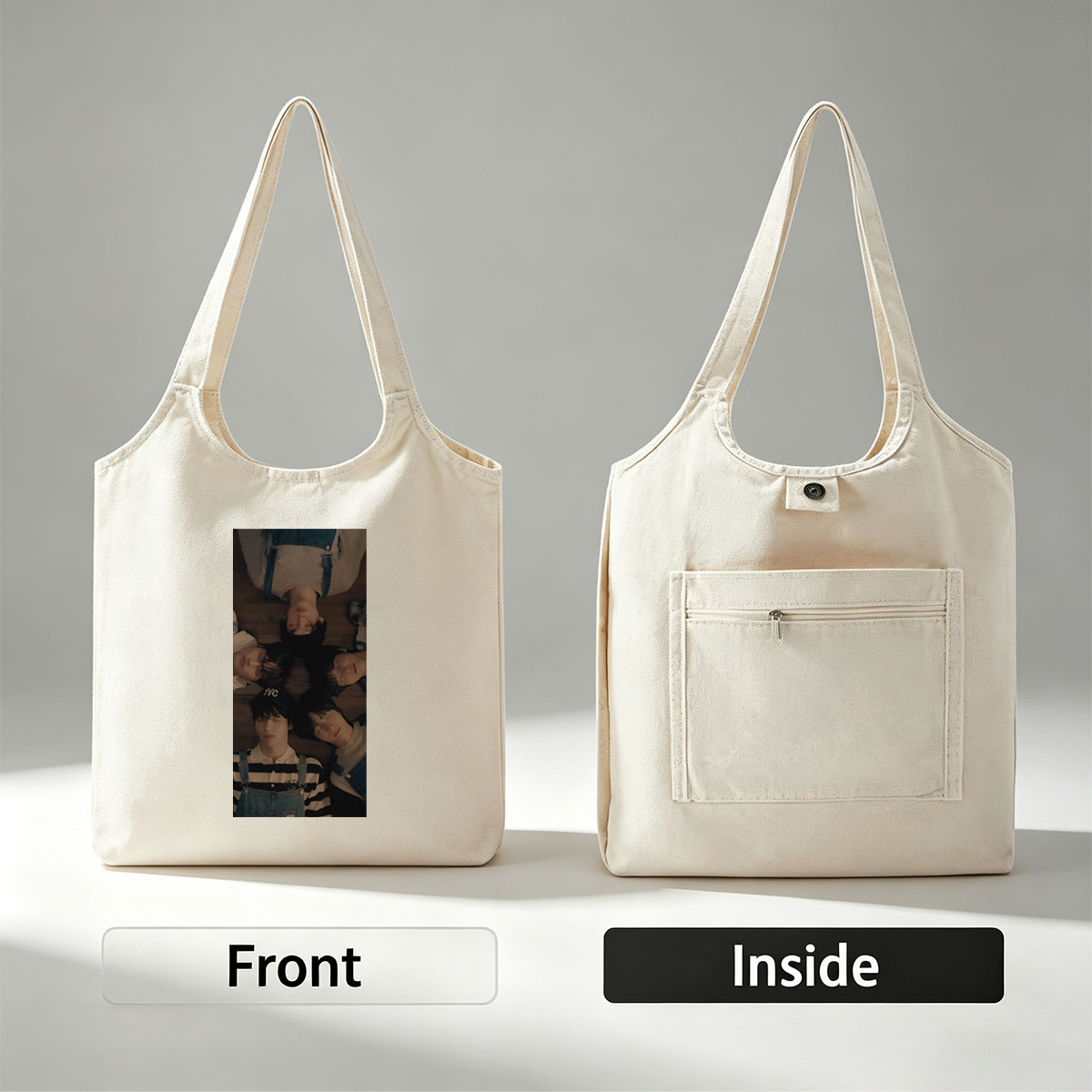 TXT Members Lying in a Circle on Wooden Floor Wearing Overalls and Casual Outfits - Canvas shoulder bags/
