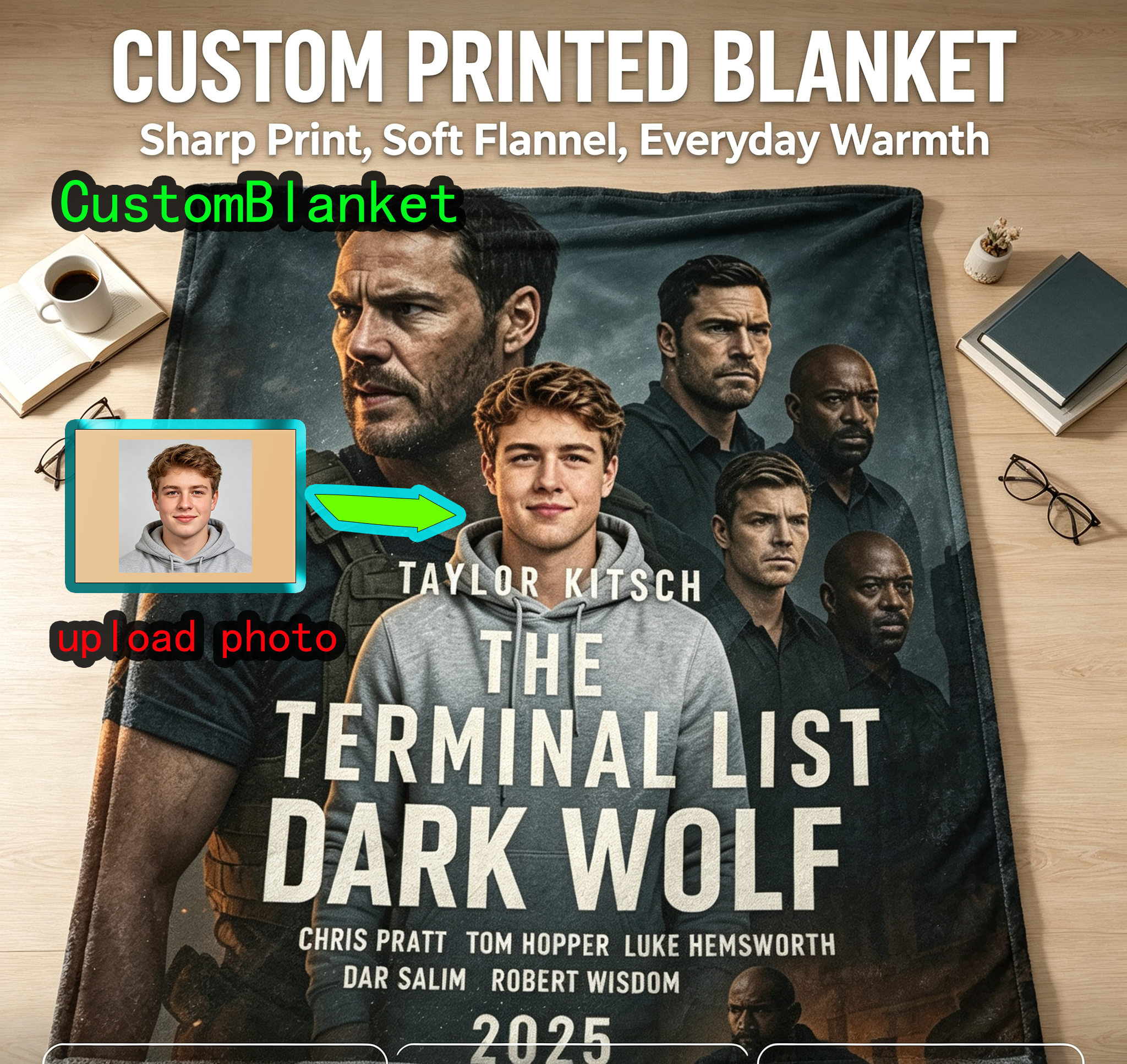 Custom Face Blanket The Terminal List Dark Wolf Flannel Blanket Movie Fan Gift for Men and Women Cozy Bedding Decor Perfect for Christmas or Birthday Present