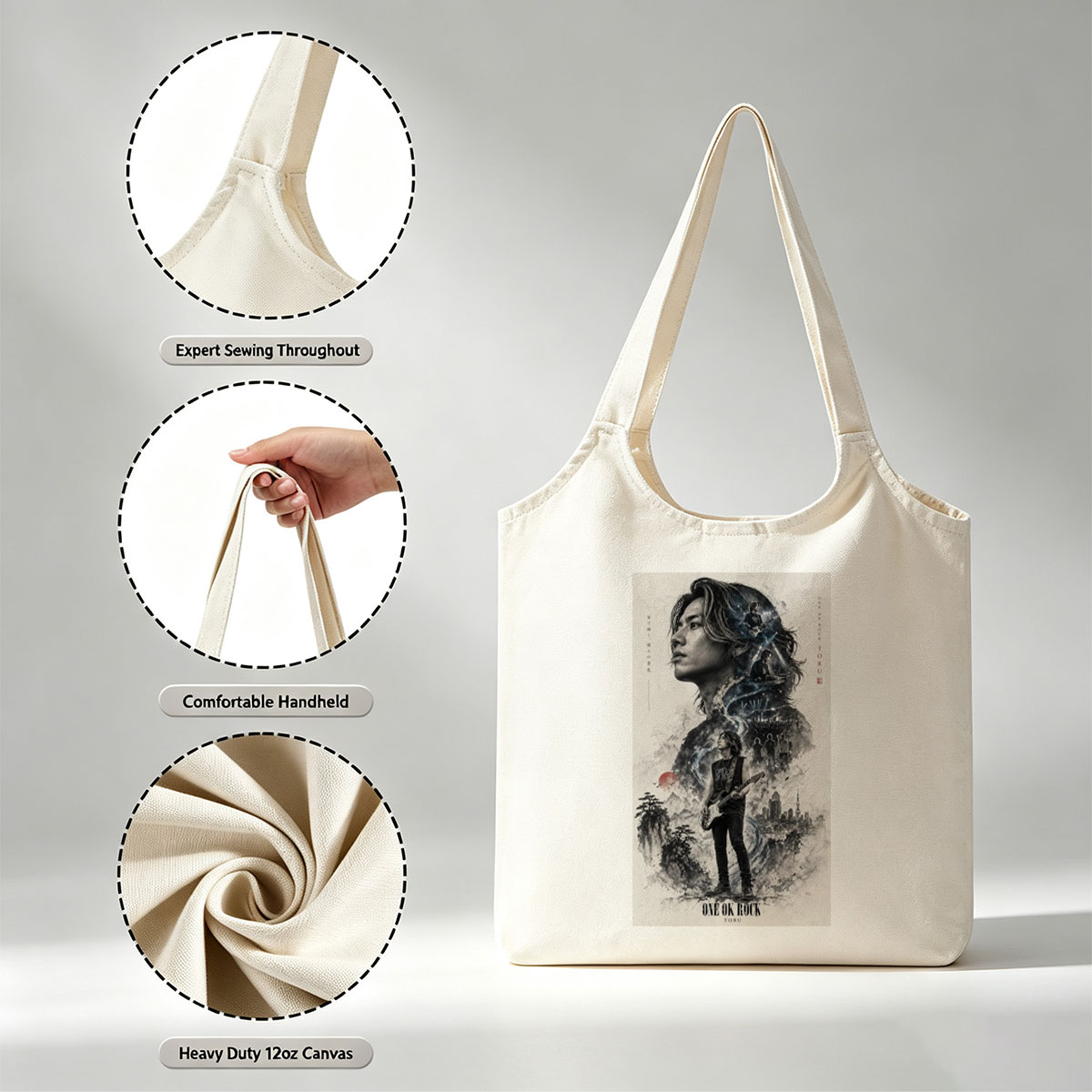 ONE OK ROCK TORU Live Performance Artwork Featuring Guitarist in Urban Landscape with Band Members and Cityscape Background - Canvas shoulder bags/