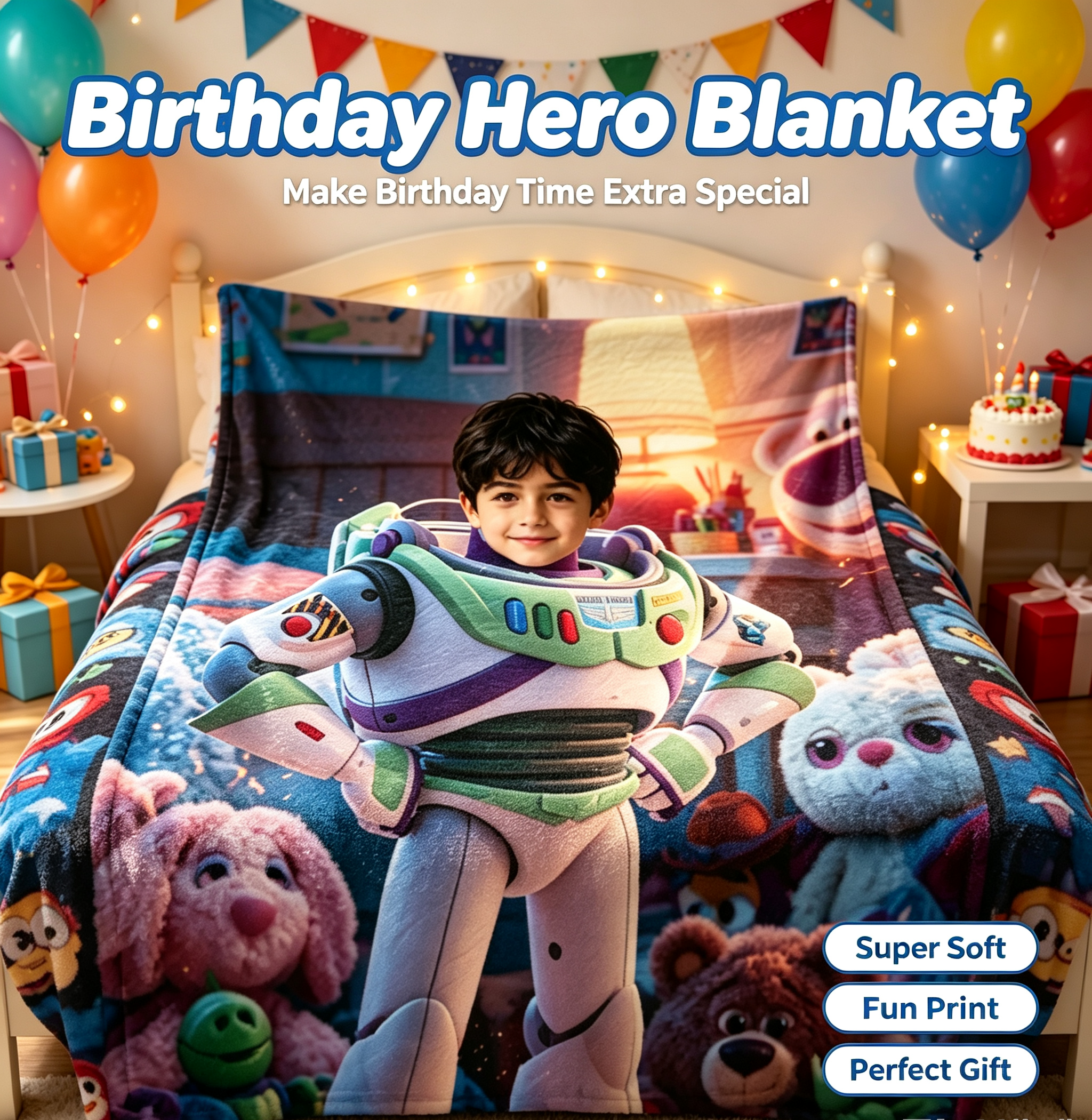 Custom Face Space Ranger Blanket for Boys, Personalized Soft Flannel Throw Blanket with Child Photo, Cartoon Hero Theme Birthday Christmas Gift for Kids