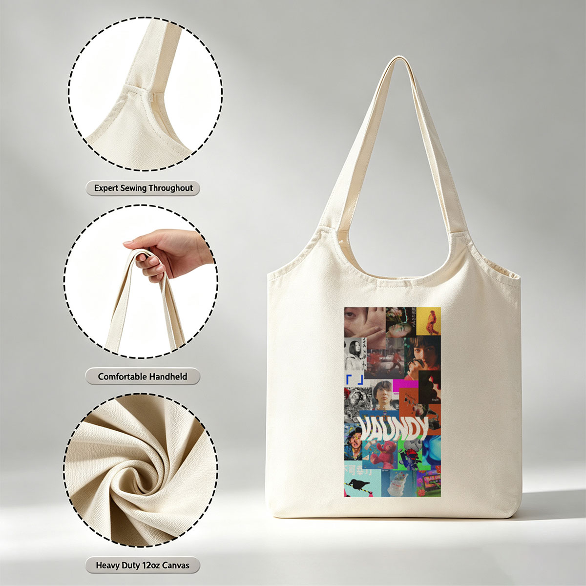 VAUNDY in a vibrant collage of artistic scenes featuring expressive faces, colorful imagery, and dynamic visuals - Canvas shoulder bags/