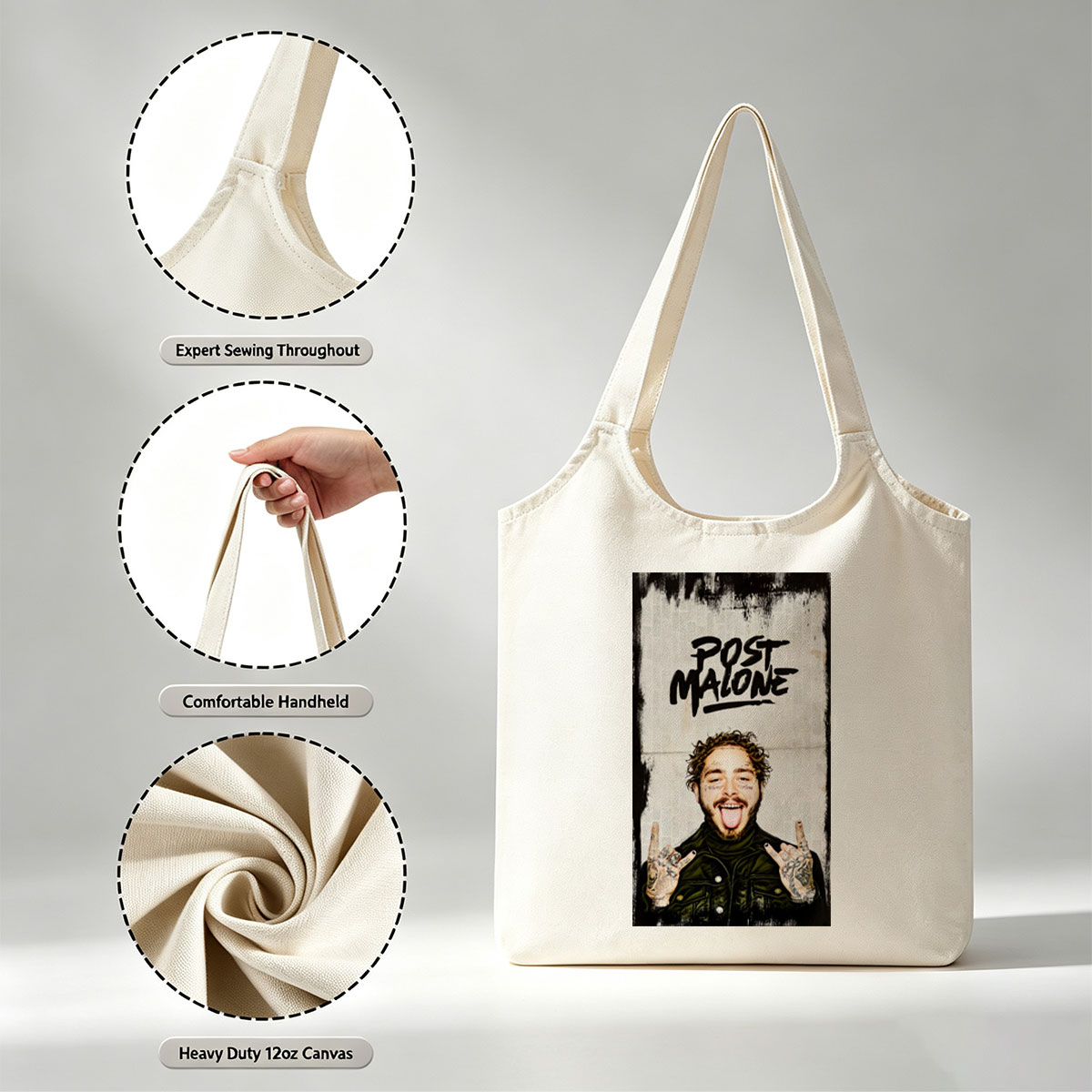 Post Malone Rocking the Peace Sign with Tongue Out in a Tattooed, Edgy Look - Canvas shoulder bags/