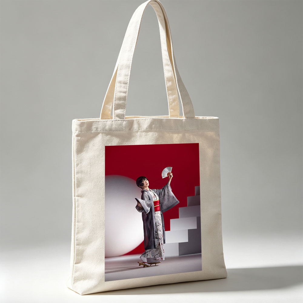 Maki Horikita in Traditional Kimono Holding Fan Against Red Background - Canvas tote bags