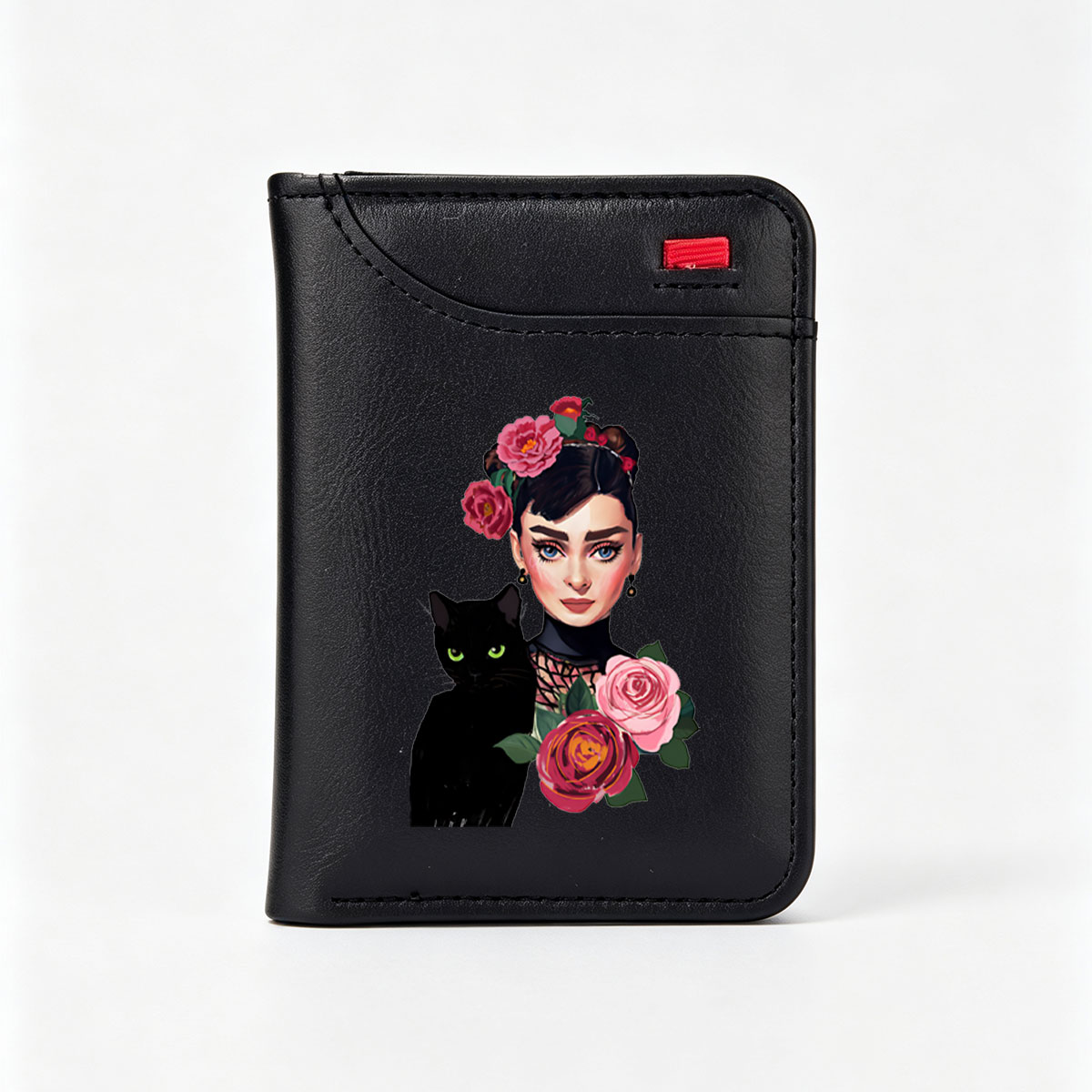 Audrey Hepburn with Roses and Black Cat - Vertical Style Wallet