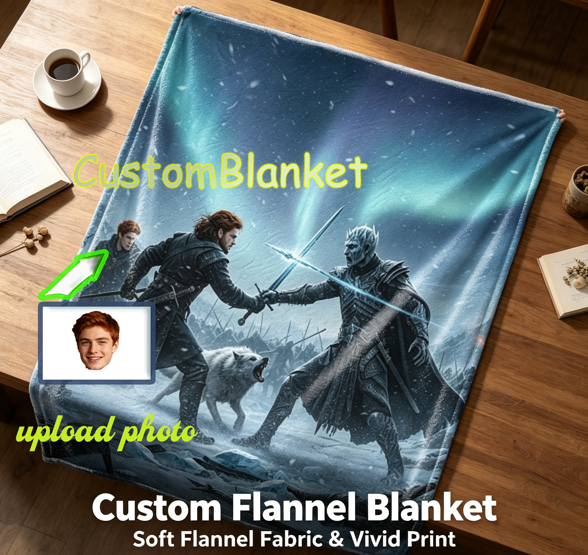 Custom Face Blanket Game of Thrones Night King Battle Scene Flannel Blanket Cozy Winter Bedding Gift for Fans