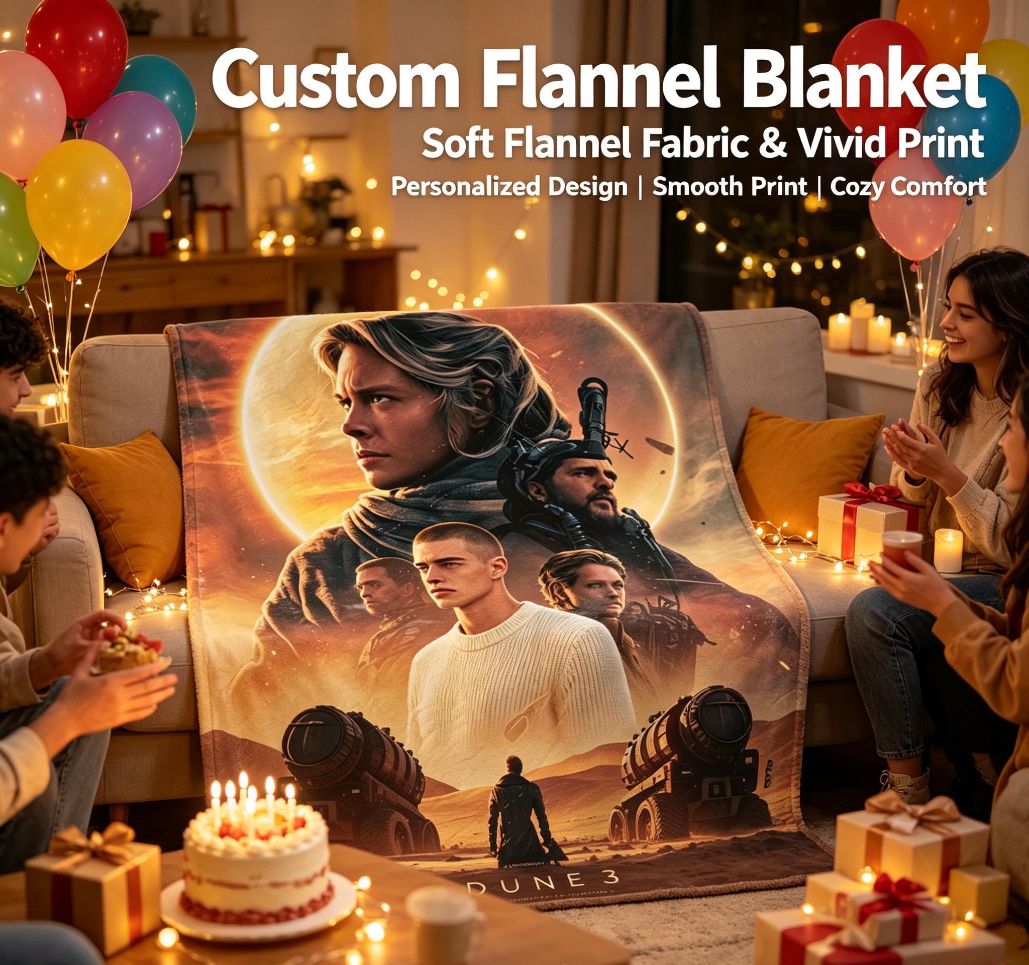 Custom Face Blanket Dune 3 The Holy War Flannel Blanket Desert Sci-Fi Movie Theme Cozy Bedding Gift for Fans