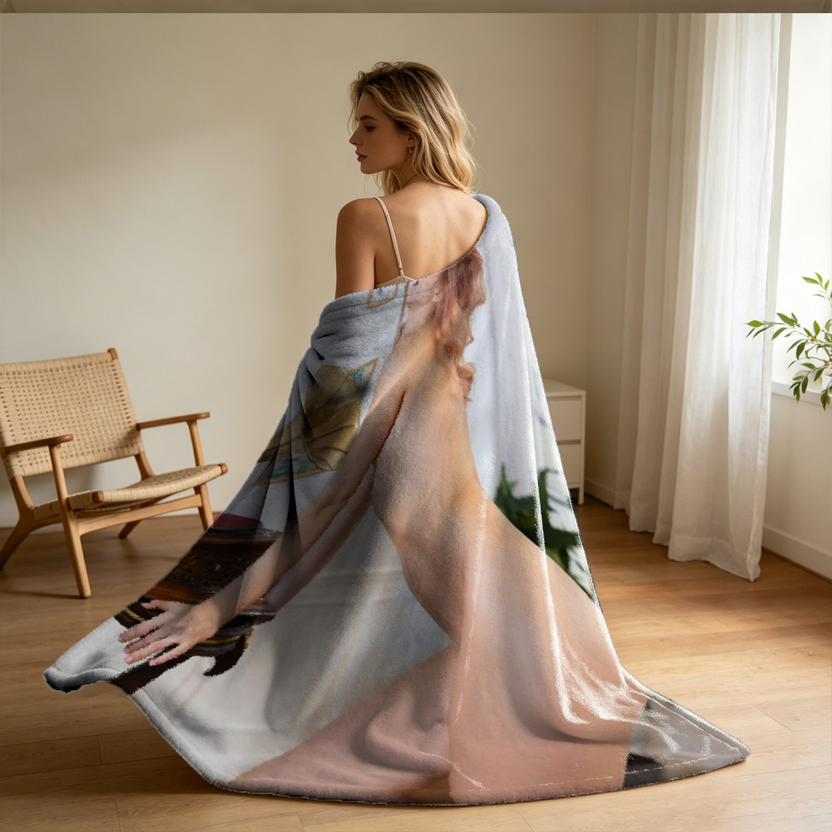 Two nude women in bed, one straddling and touching the other. - Blanket