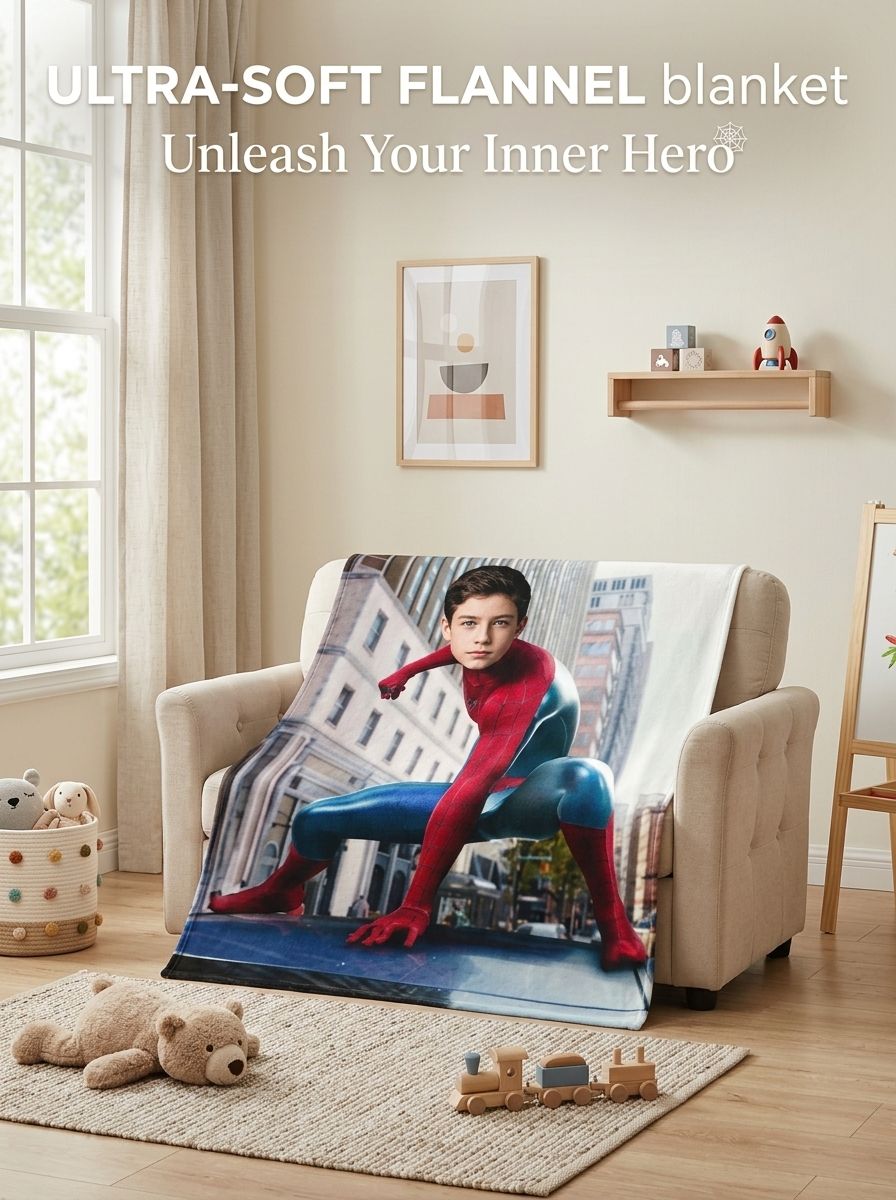 Custom Superhero Face Photo Blanket Personalized Flannel Fleece Throw for Kids and Adults Cozy Birthday Gift