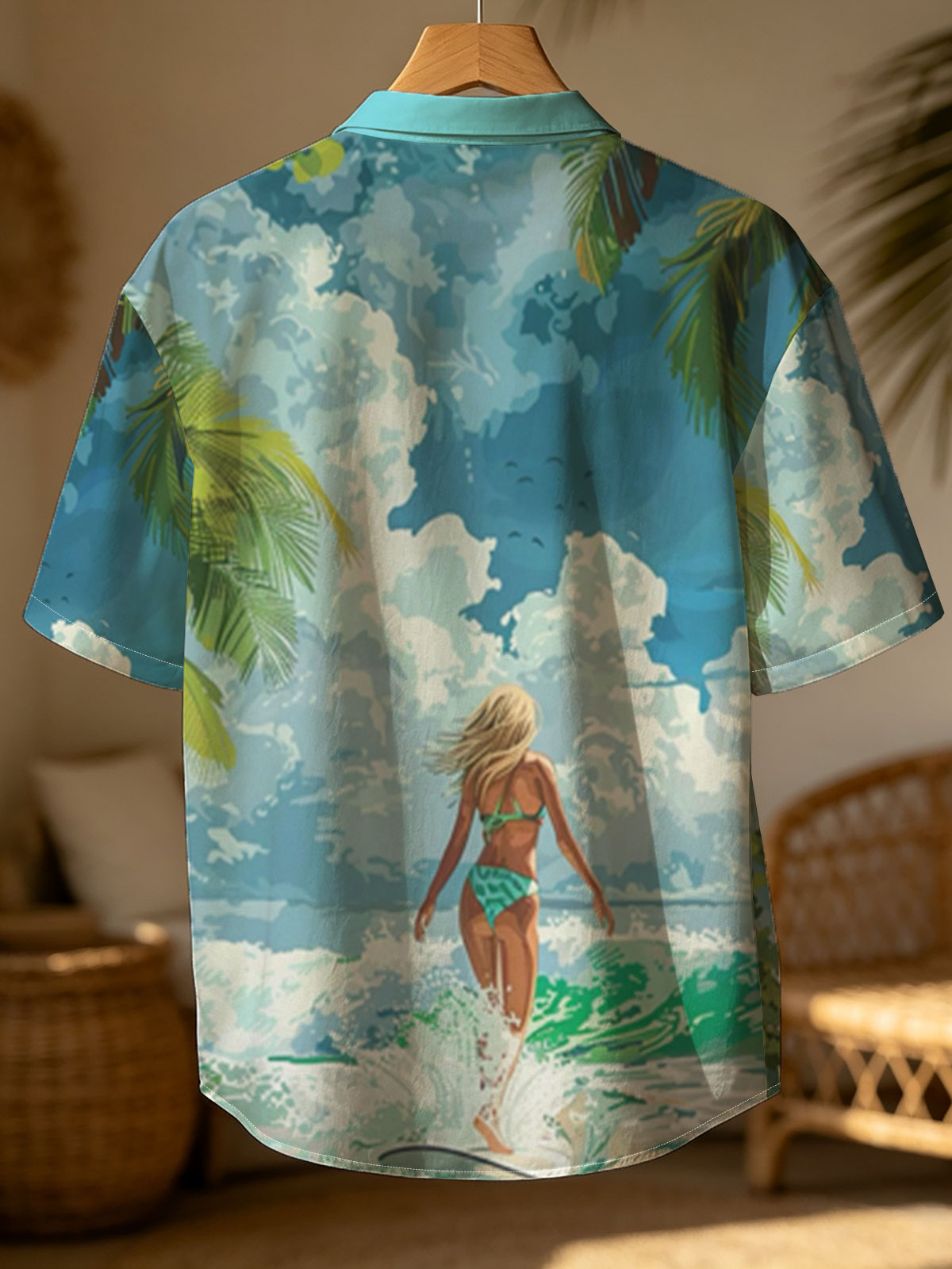 Woman surfing on tropical beach with palm trees and blue sky -  Shirt