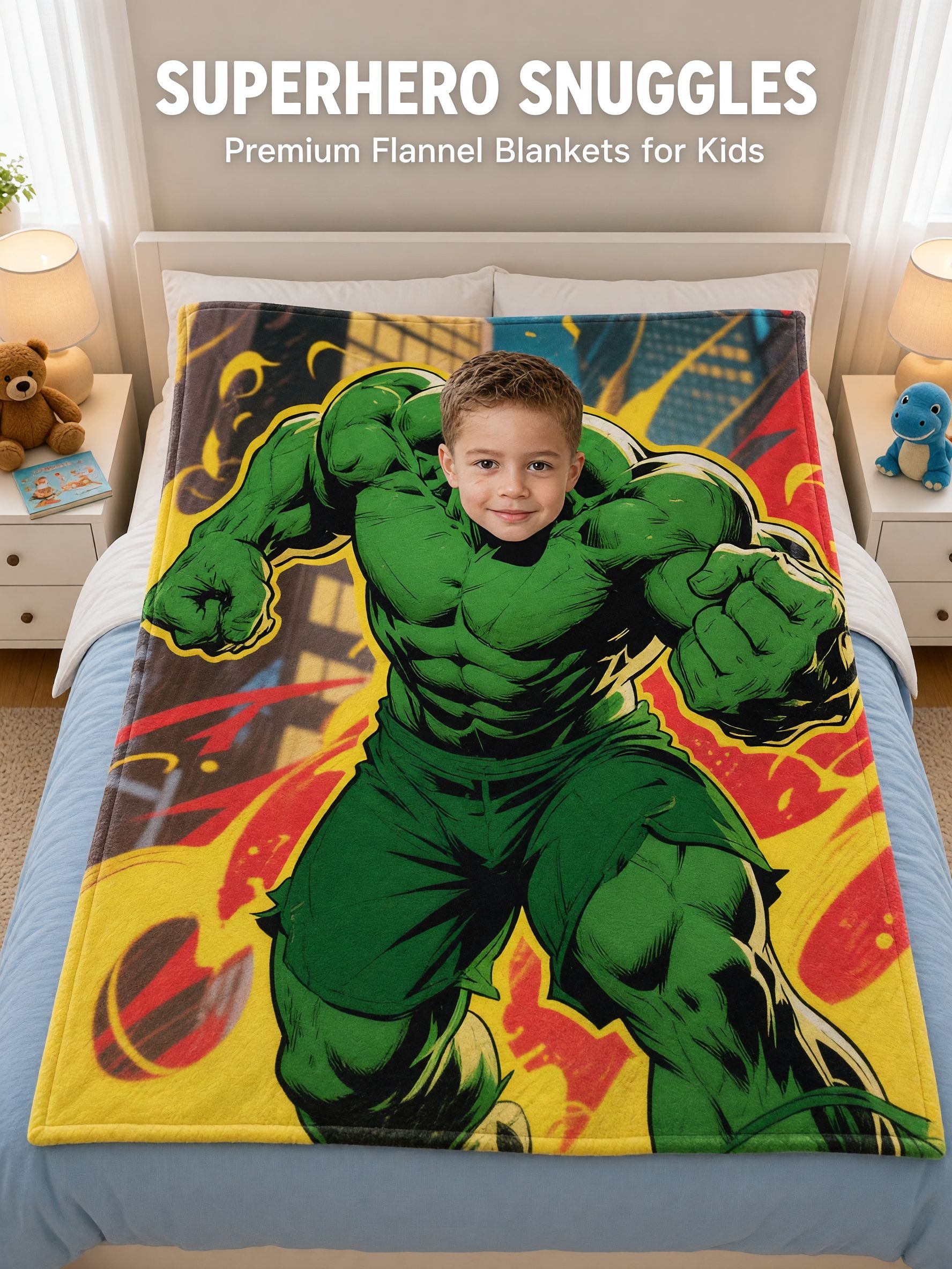 Custom Face Superhero Photo Flannel Blanket, Ultra Soft Anti-Pilling Cozy Throw, Ideal Personalized Gift for Kids
