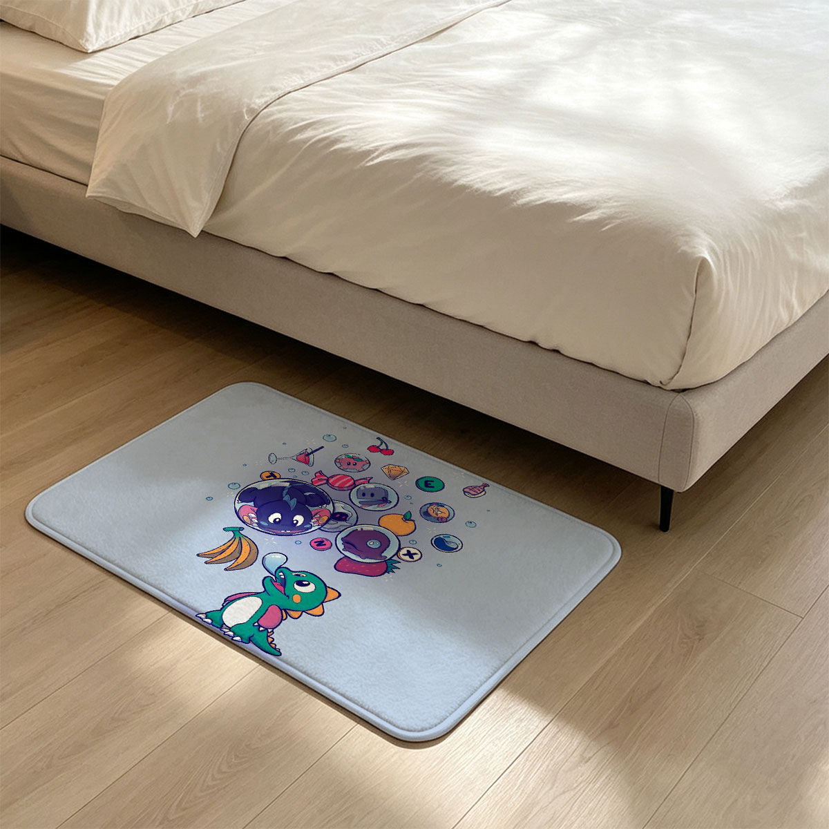 Cute Dragon Blows Bubbles with Game Icons and Fruits - Flannel floor mat