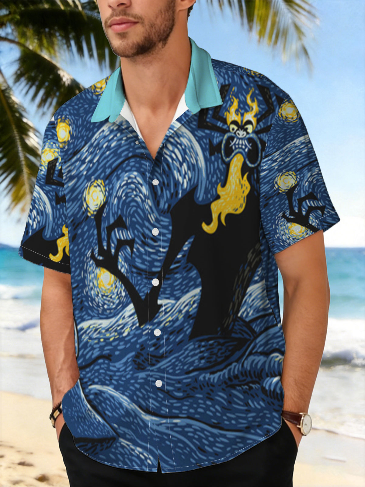 Samurai vs. Fiery Spider in Starry Night Landscape -  Shirt