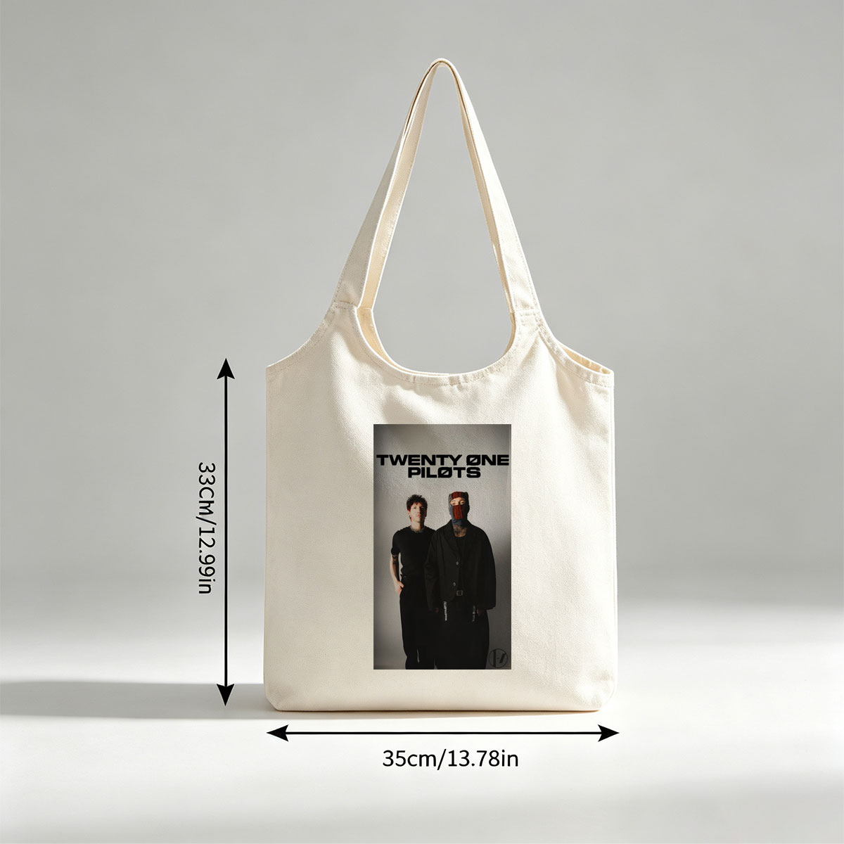 Twenty One Pilots Standing in Black Outfits with One Member Wearing a Mask and the Band Name Displayed Above Them - Canvas shoulder bags/