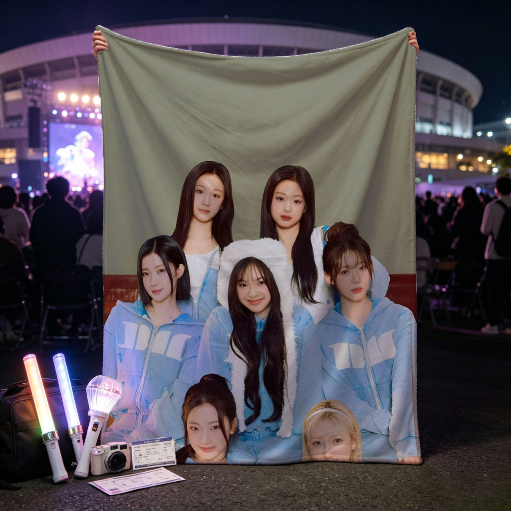 BABYMONSTER Group Photo in Matching Blue Outfits with Furry Hoodies and Minimalist Background - Blankets