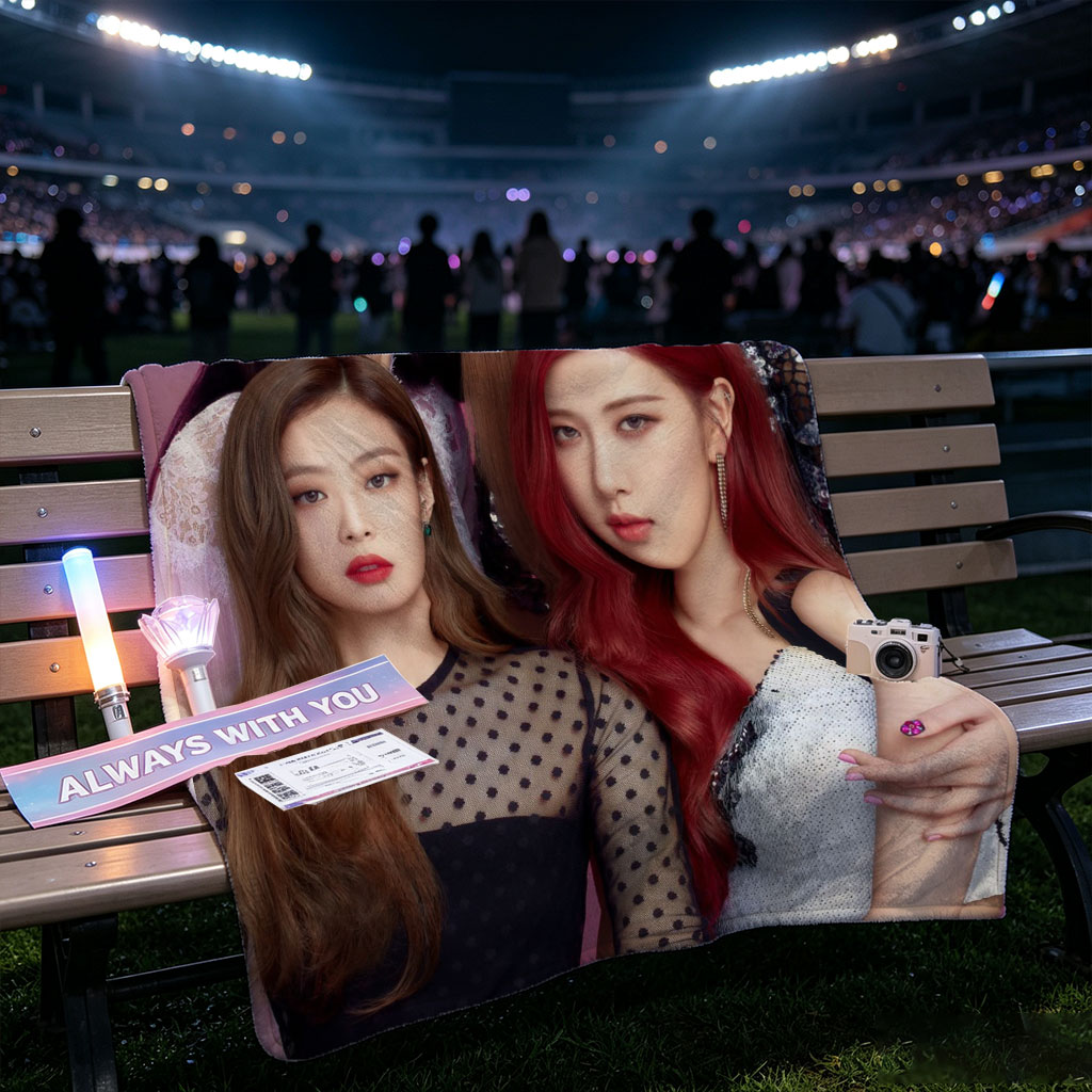 BLACKPINK Group Portrait - Four Members in Stylish Outfits Against Purple Background - Blankets