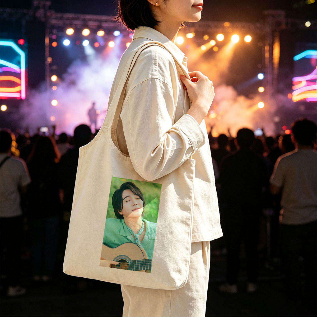 Yuki Kajiura in a Serene Outdoor Setting Playing Acoustic Guitar with Eyes Closed - Canvas shoulder bags/