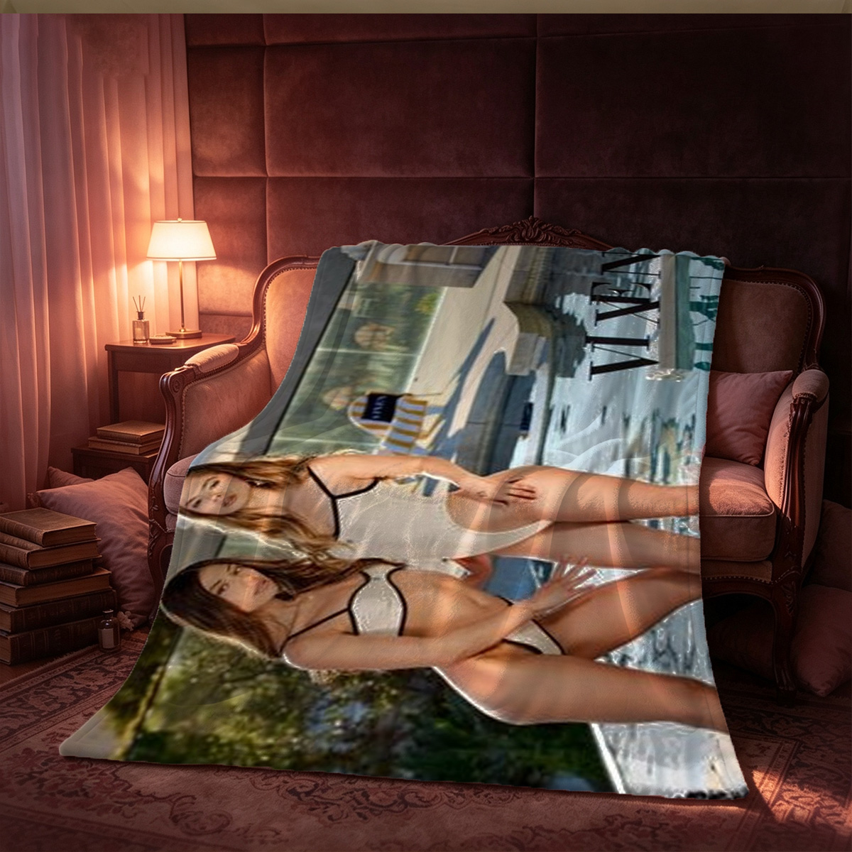 Emily Ratajkowski in black dress on purple bed - Blanket