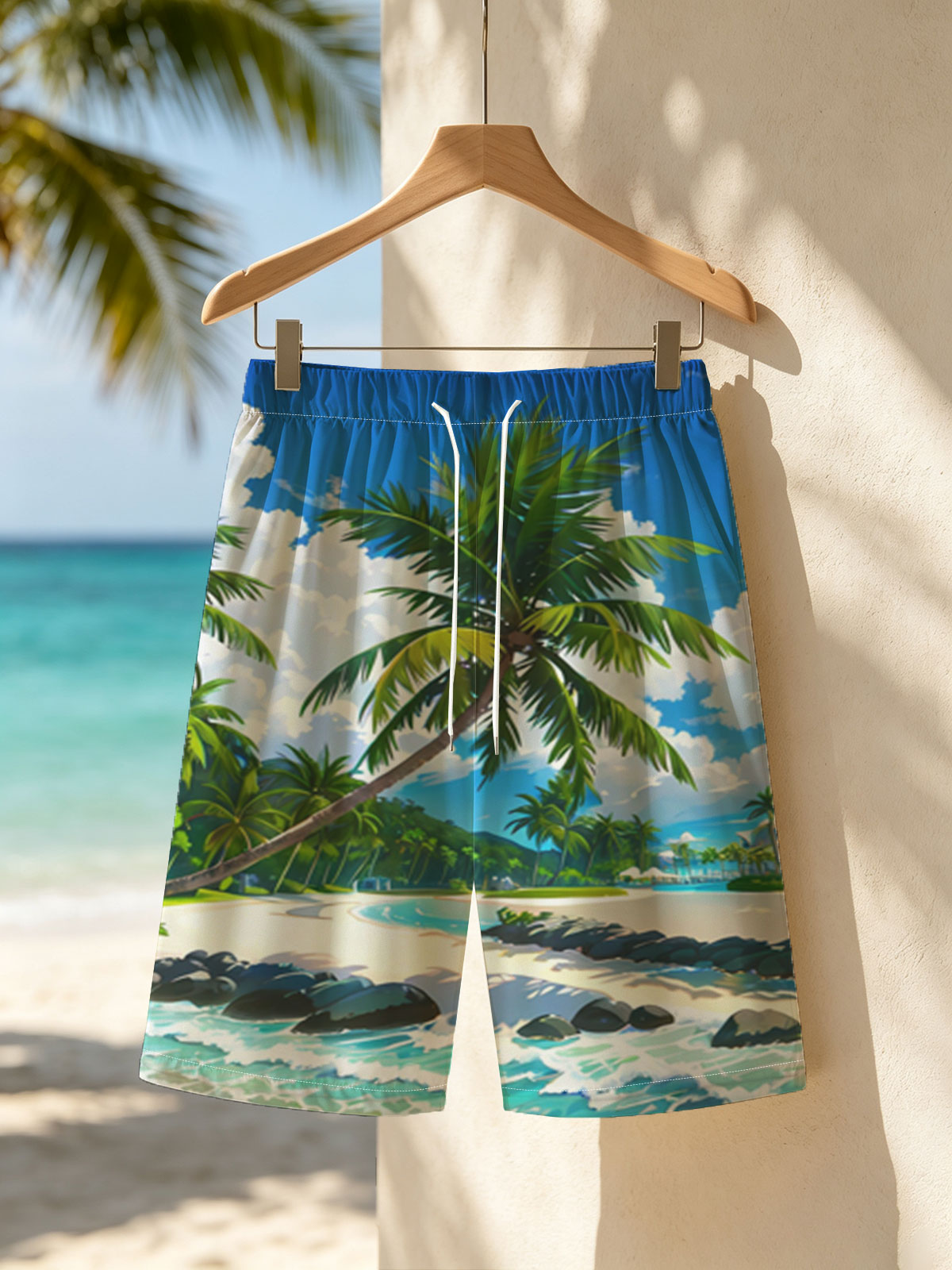 Tropical Beach with Palm Trees and Clear Blue Water -  Beach shorts