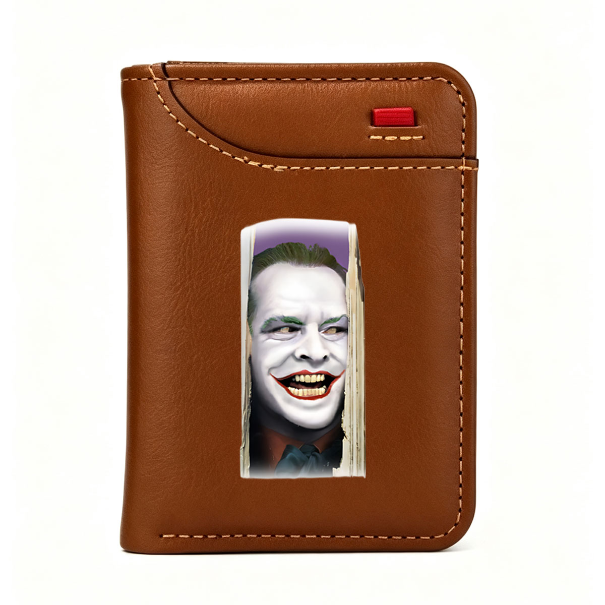 Joker from Batman, portrayed by Jack Nicholson, with iconic white face paint, green hair, and wide red smile. - Vertical Style Wallet