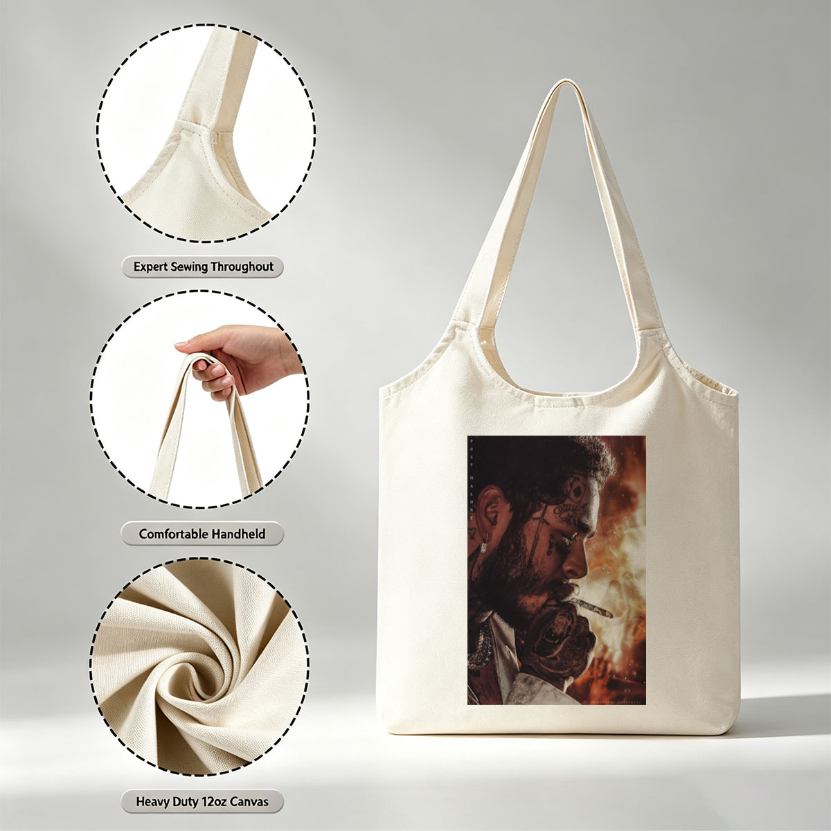 Post Malone Smoking Cigarette with Tattooed Face and Intense Background - Canvas shoulder bags/