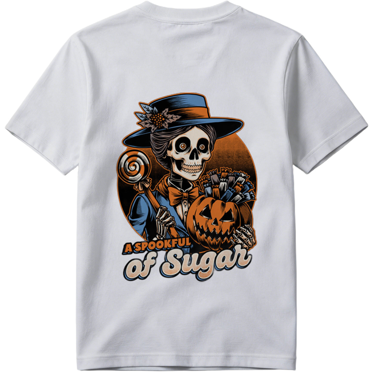 A Spookful of Sugar: Skeleton Lady with Pumpkin and Candy - Tee