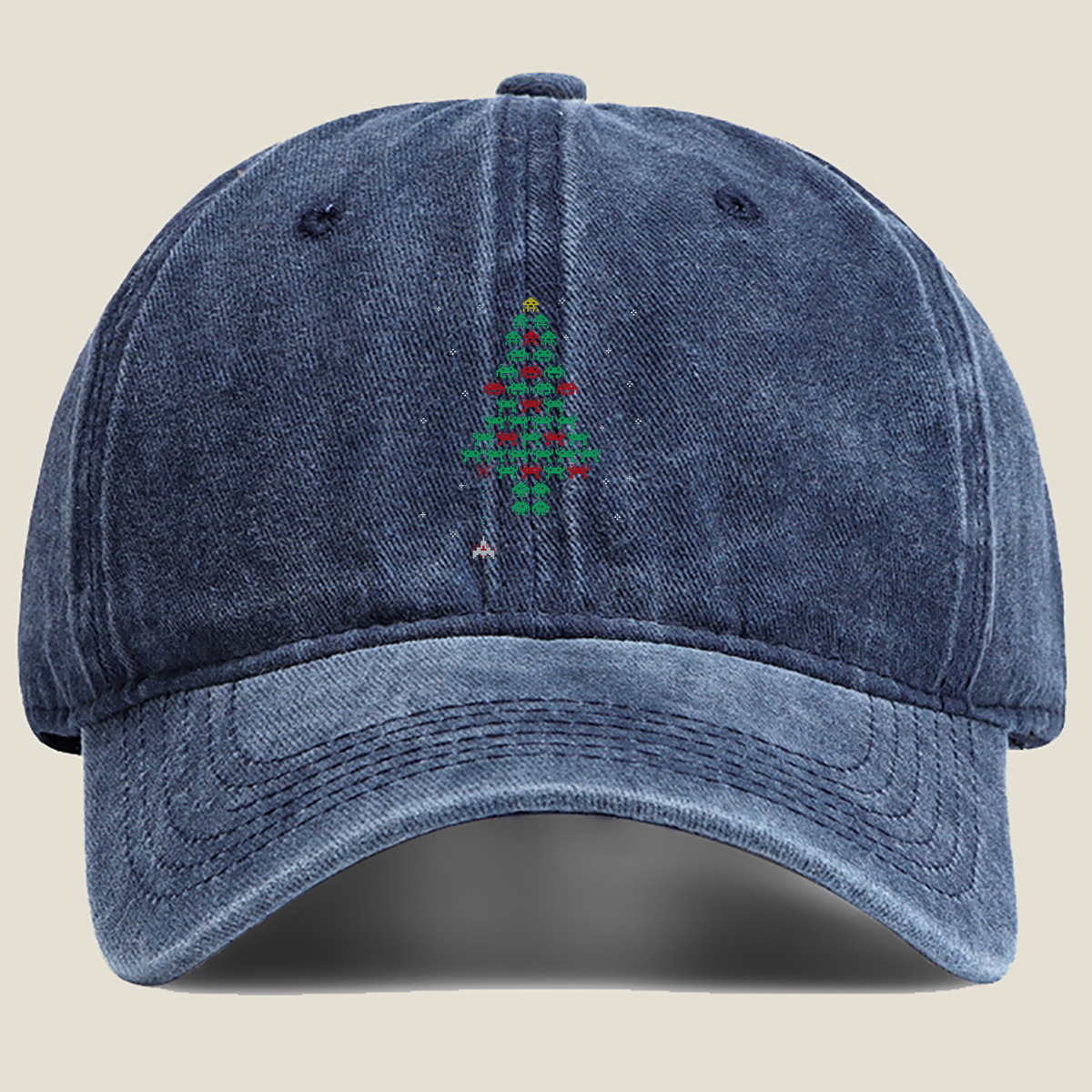 Space Invaders Christmas Tree - Washed Denim - Baseball Cap