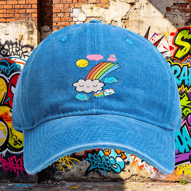 Unisex Classic Washed Cotton Hat with Rainbow Clouds and Sparkle Sun Print - Perfect for Outdoor Activities, Casual Wear, and Festival Outfits - Ideal for Teenagers and Young Adults Seeking Fun, Trendy Headwear