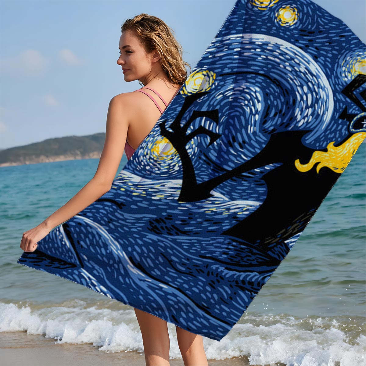 Samurai vs. Fiery Spider in Starry Night Landscape - Beach towels