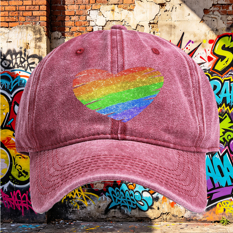Unisex Classic Washed Cap with Rainbow Heart Glitter Print - Perfect for Pride Events, Casual Outings, and Everyday Wear - Ideal for Adults Seeking Vibrant, Comfortable Headwear with LGBTQ+ Inspired Design