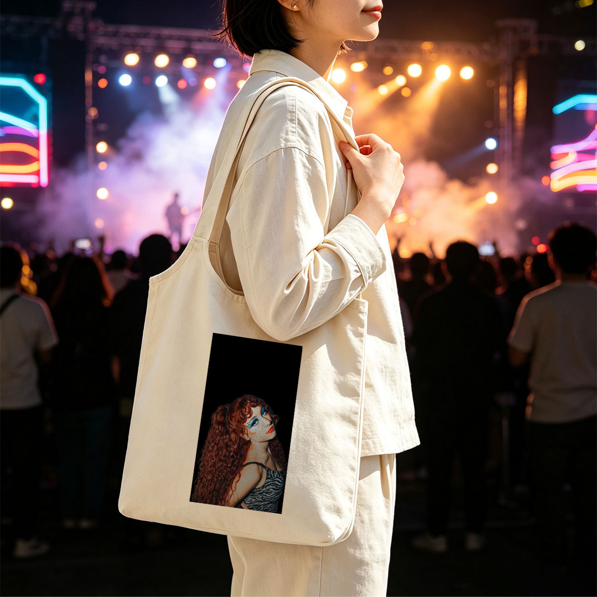 Chappell Roan in a Dramatic Pose with Vibrant Red Hair and Bold Blue Eye Makeup Against a Dark Background - Canvas shoulder bags/